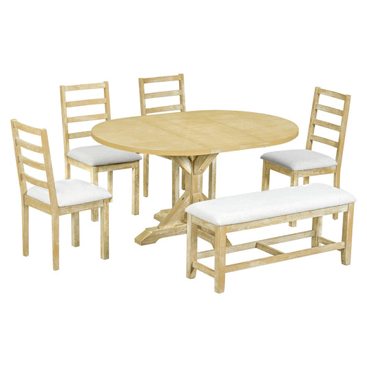 Kivor 6-Piece Dining Set with Extendable Table, Bench and 4 Ladder-Back Chairs