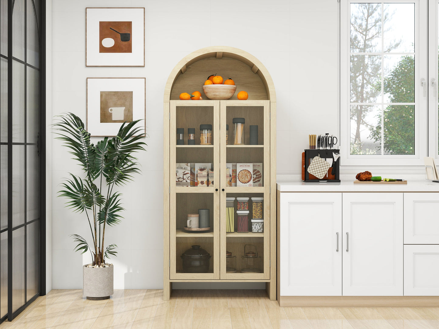 Tall Arched Display Cabinet with 2 Glass Doors and Adjustable Shelves