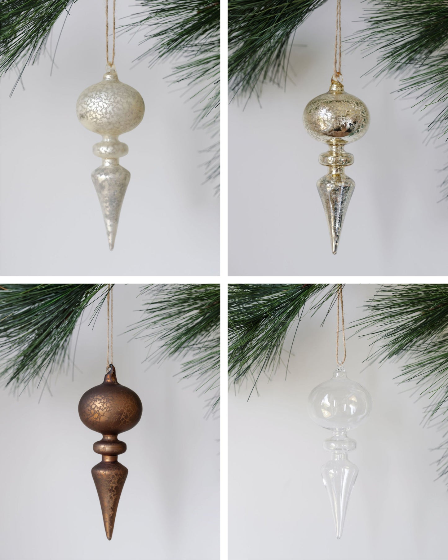 Mixed Metals Neutral Palette Glass Finial Ornament, Set Of 4