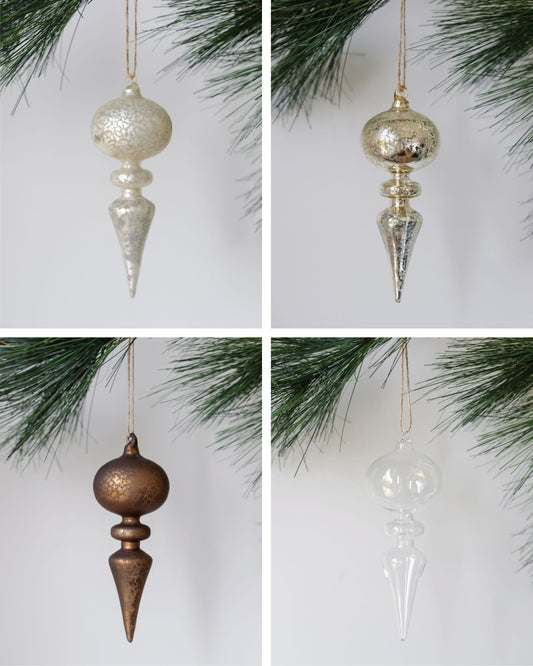 Mixed Metals Neutral Palette Glass Finial Ornament, Set Of 4