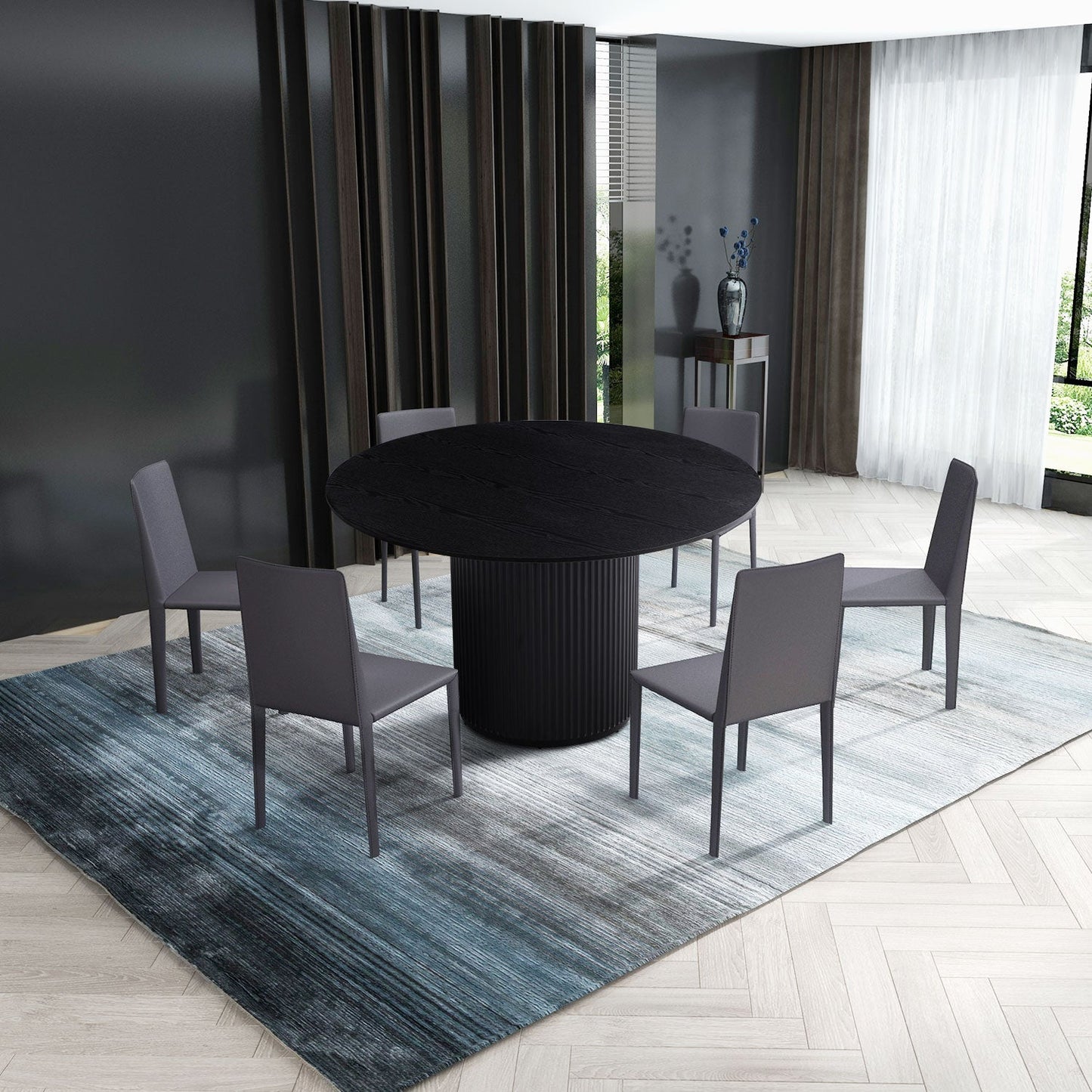 Round Dining Table with T-Shaped Design and Wood Frame