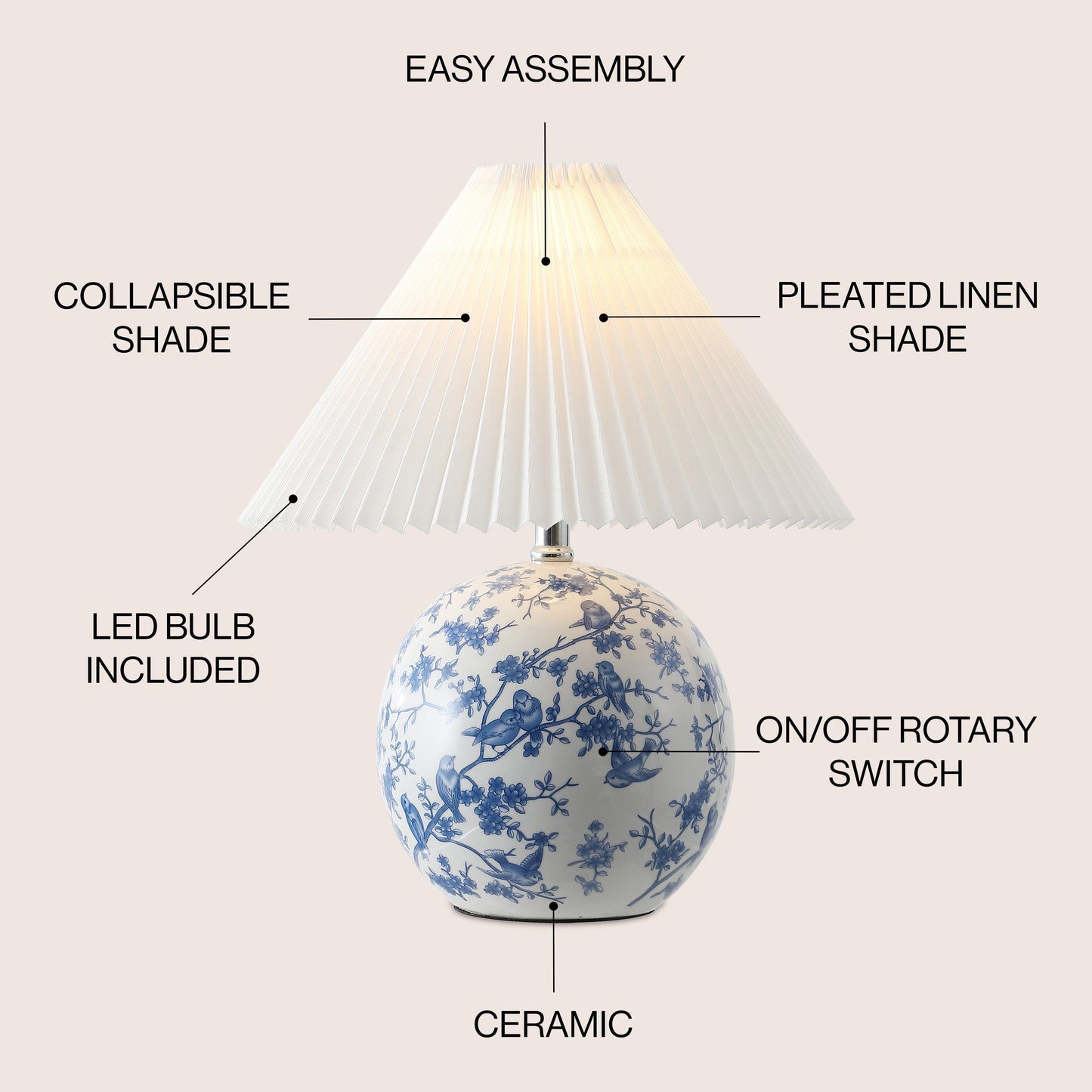 Shishen Cottage Classic Chinoiserie Ceramic Orb LED Table Lamp with Pleated Shade