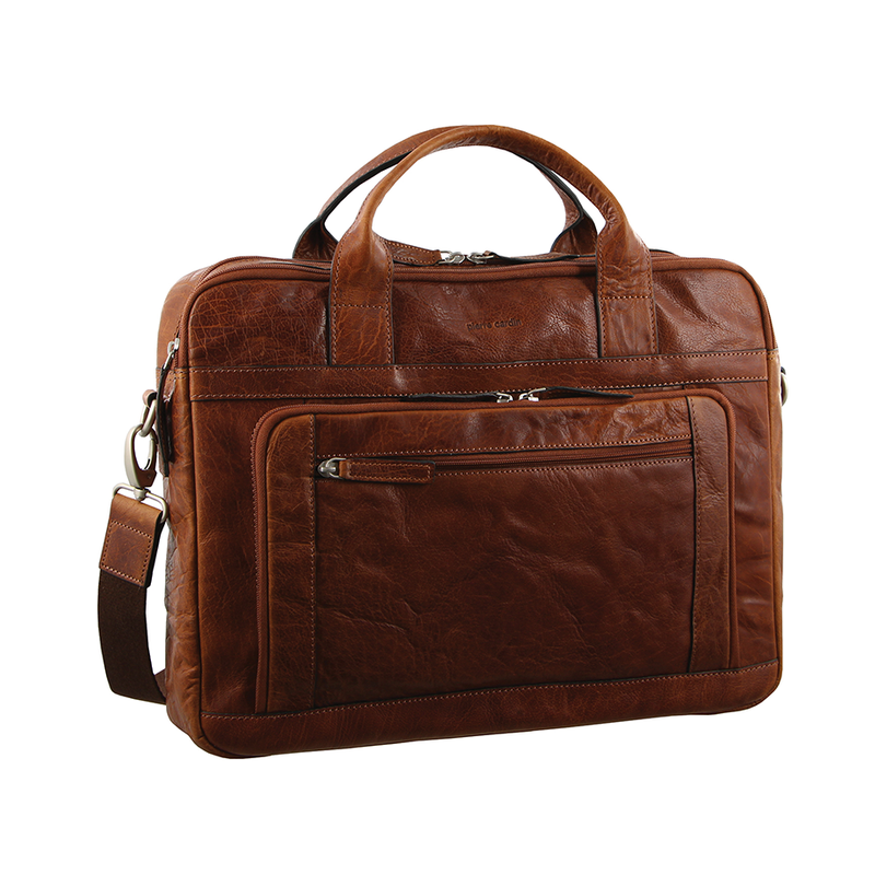 Pierre Cardin Italian Leather 15" Laptop Briefcase Bag (Chestnut)