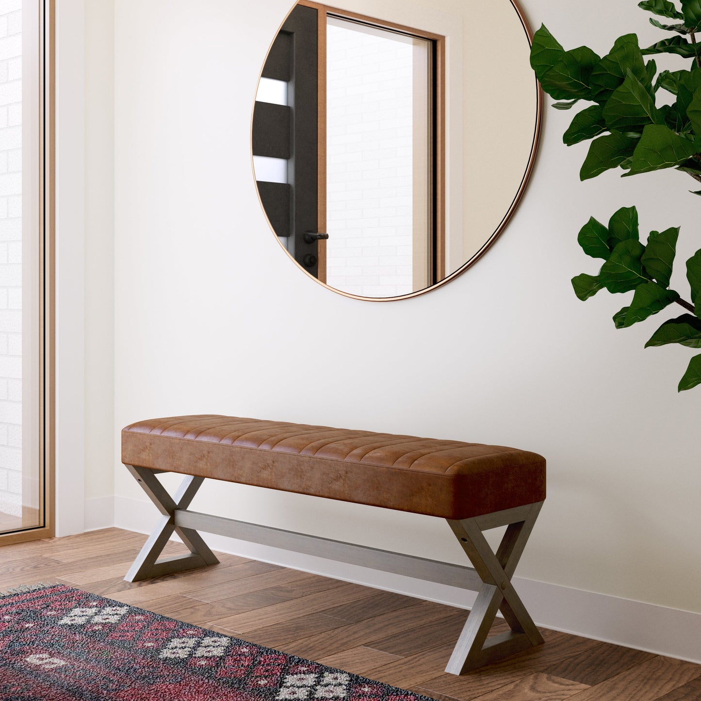 Bloom Upholstered Ottoman Bench with Vertical Stitching and X Design Trestle Base