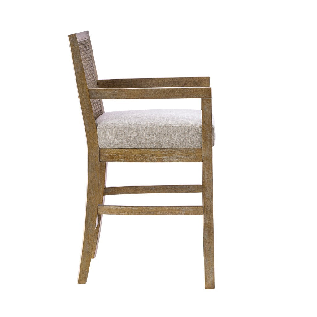Upholstered Counter Stool with Cane Back and Open Arm Design