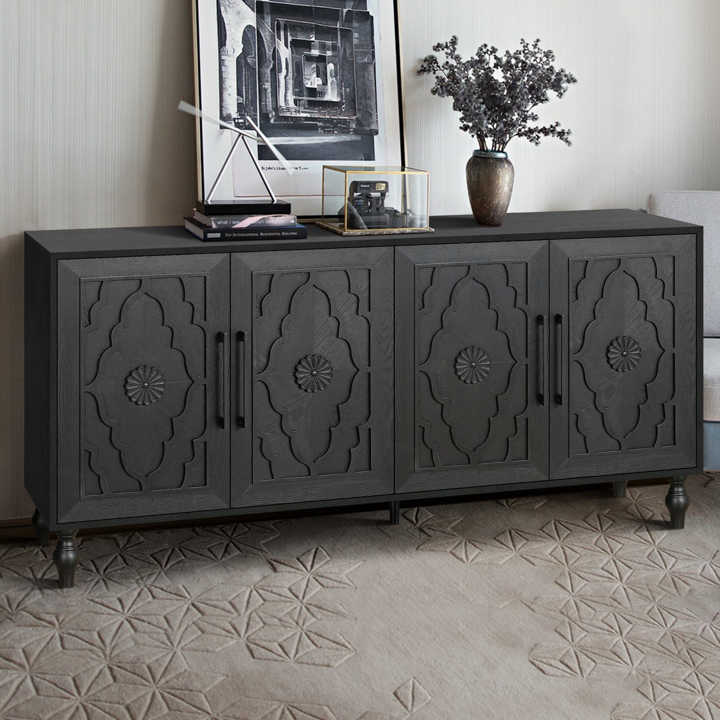 Bespokee Carved Flower Door Large Storage Cabinet With Metal Handle