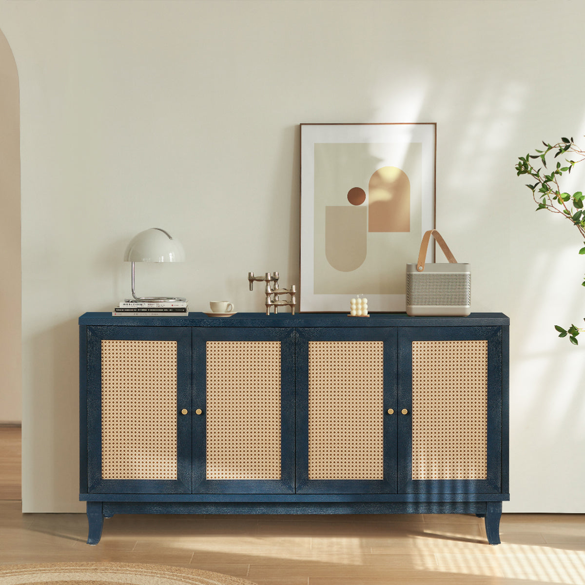 Sideboard with 4 Rattan Doors and Adjustable Shelves, Navy Blue