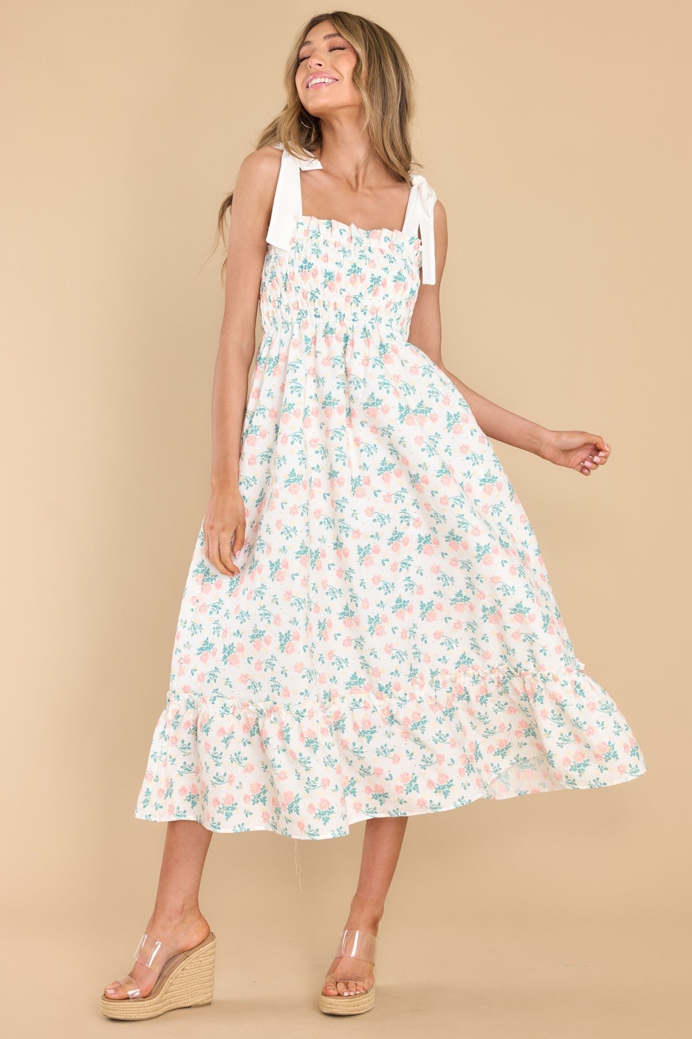 Camera Shy Peach Floral Print Cotton Midi Dress