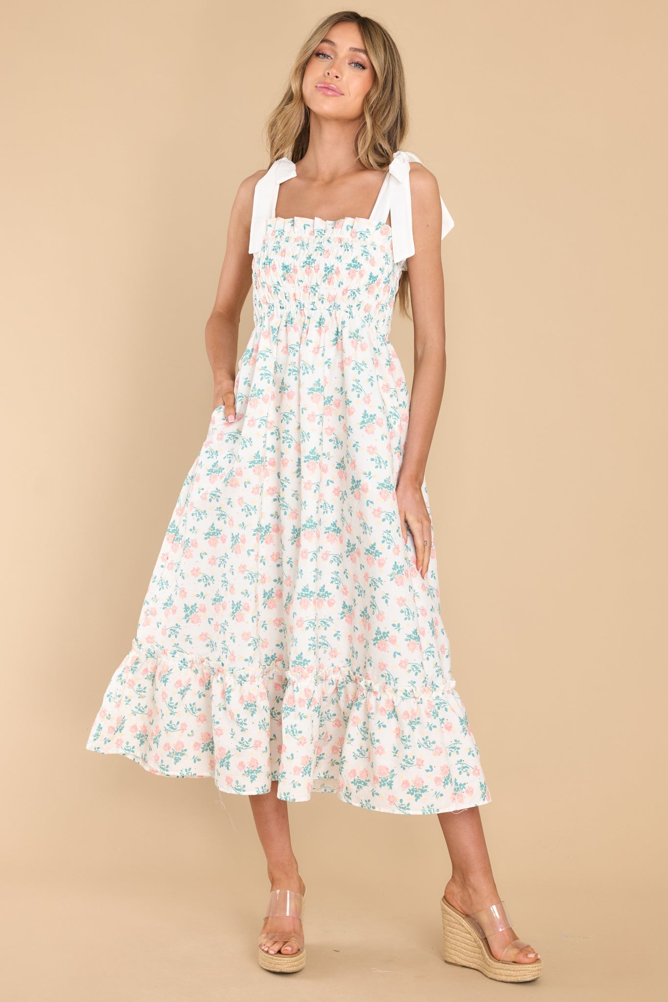 Camera Shy Peach Floral Print Cotton Midi Dress