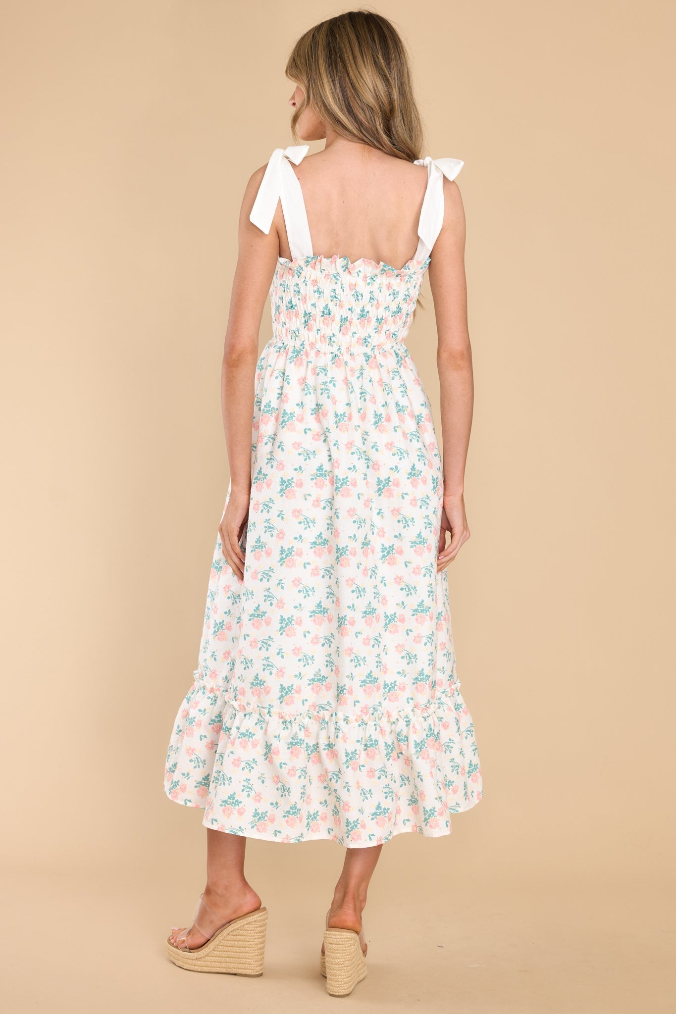 Camera Shy Peach Floral Print Cotton Midi Dress