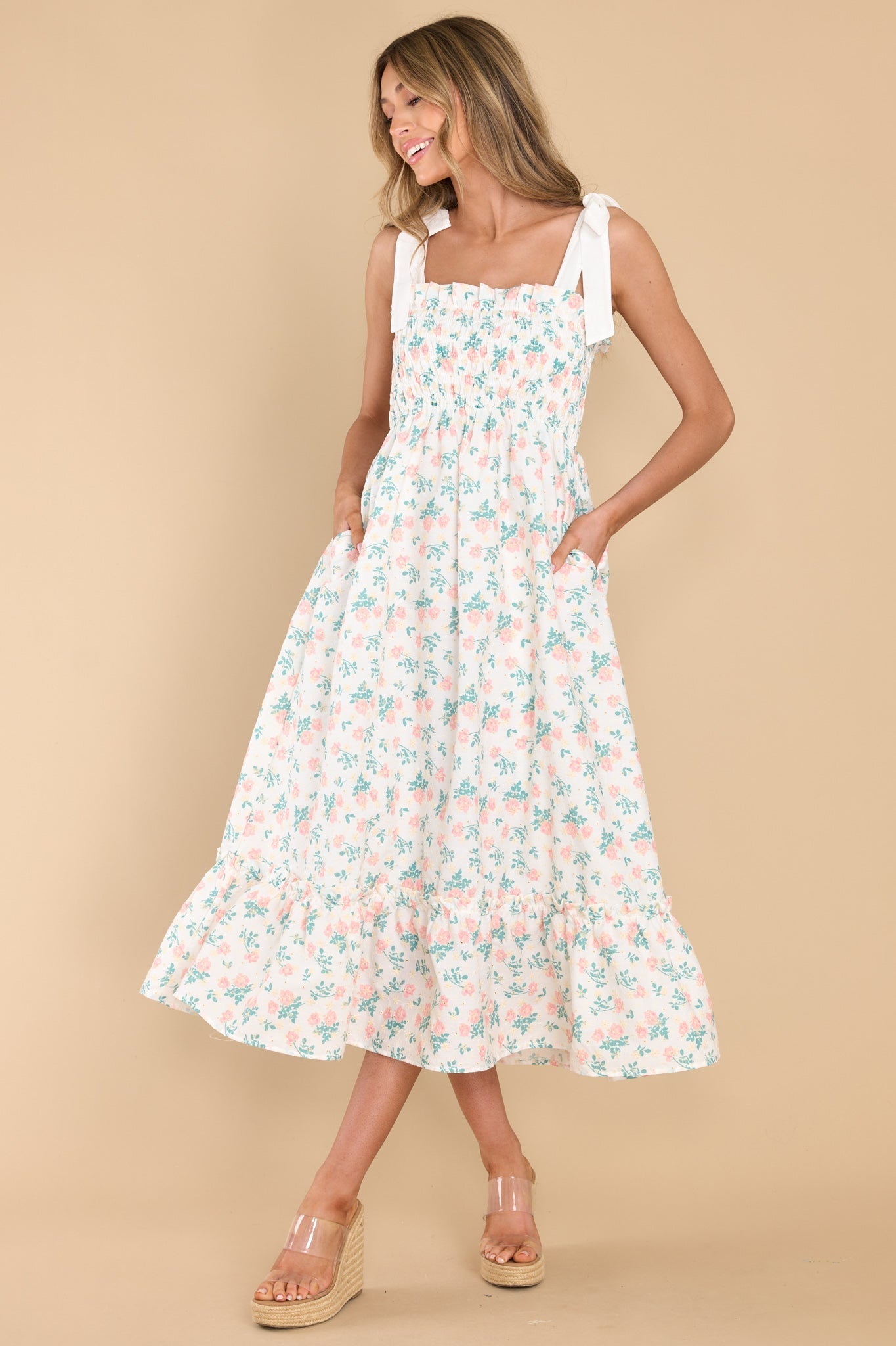 Camera Shy Peach Floral Print Cotton Midi Dress