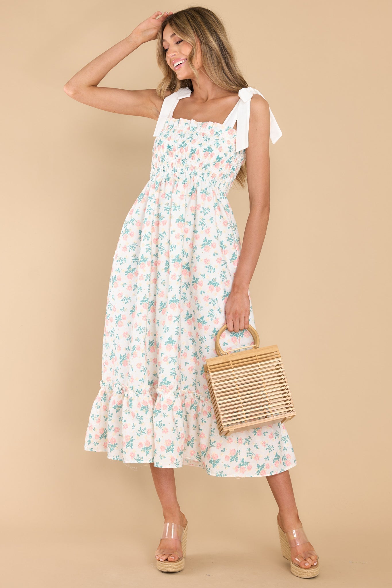 Camera Shy Peach Floral Print Cotton Midi Dress