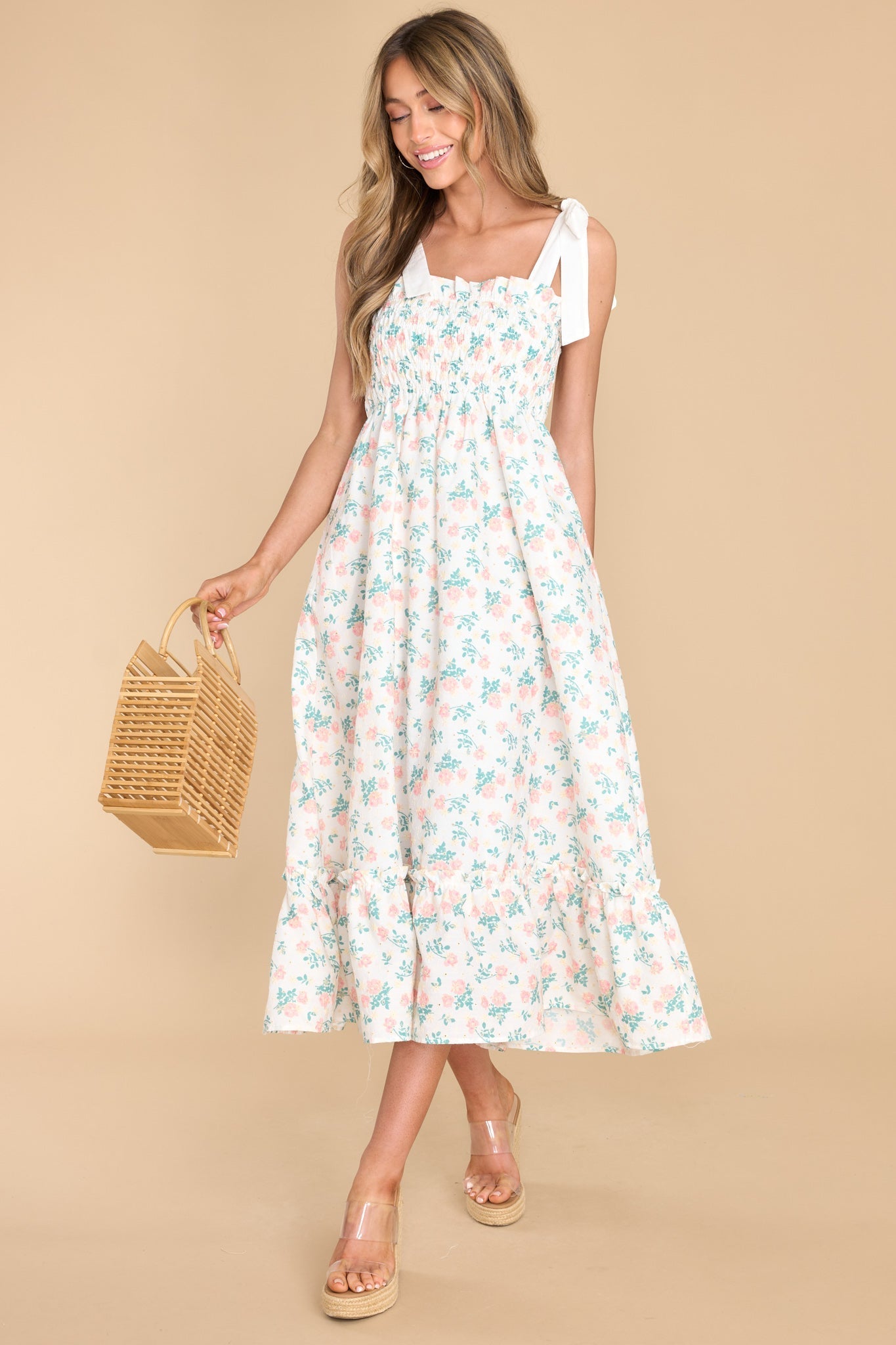 Camera Shy Peach Floral Print Cotton Midi Dress