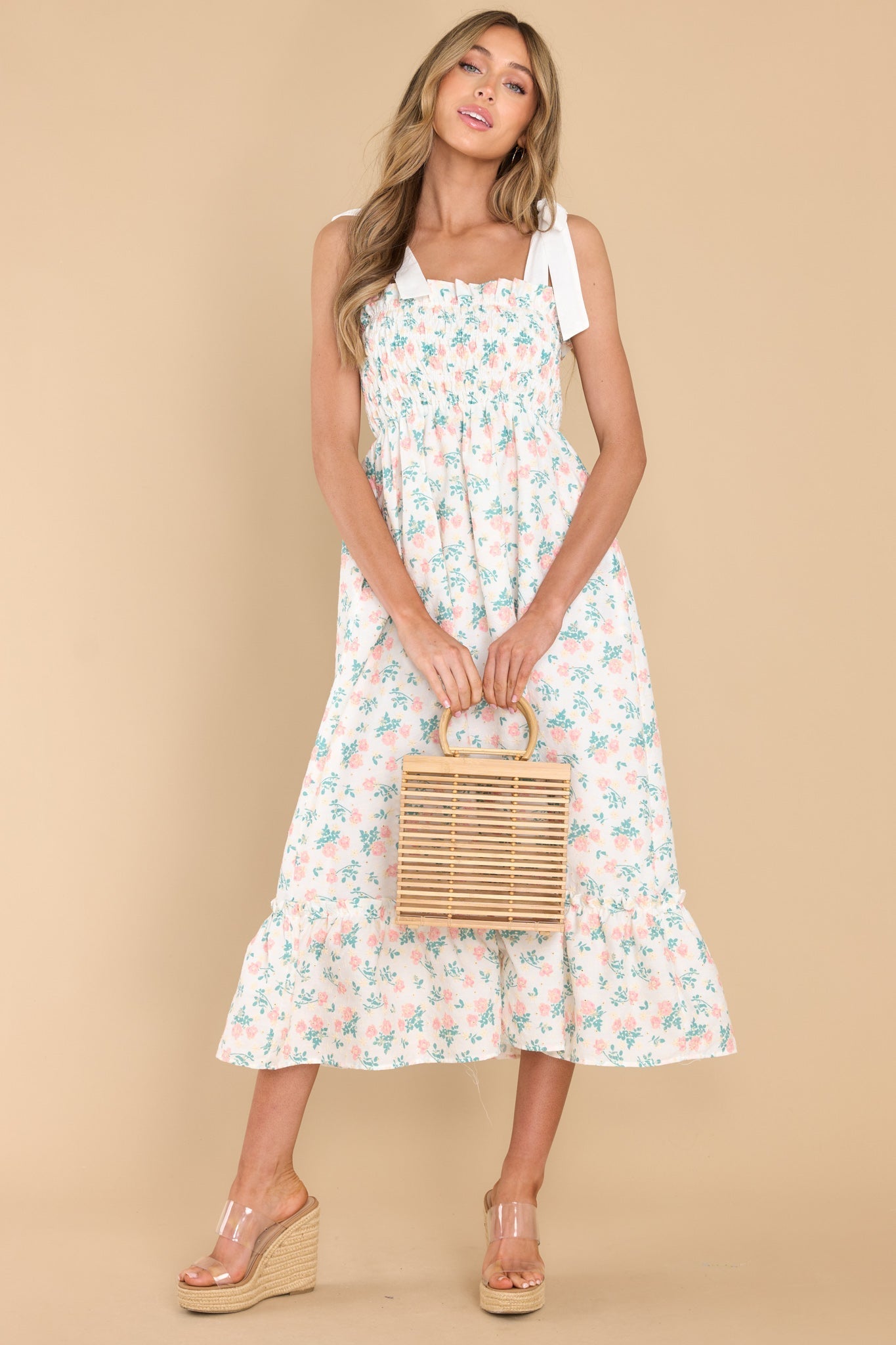 Camera Shy Peach Floral Print Cotton Midi Dress