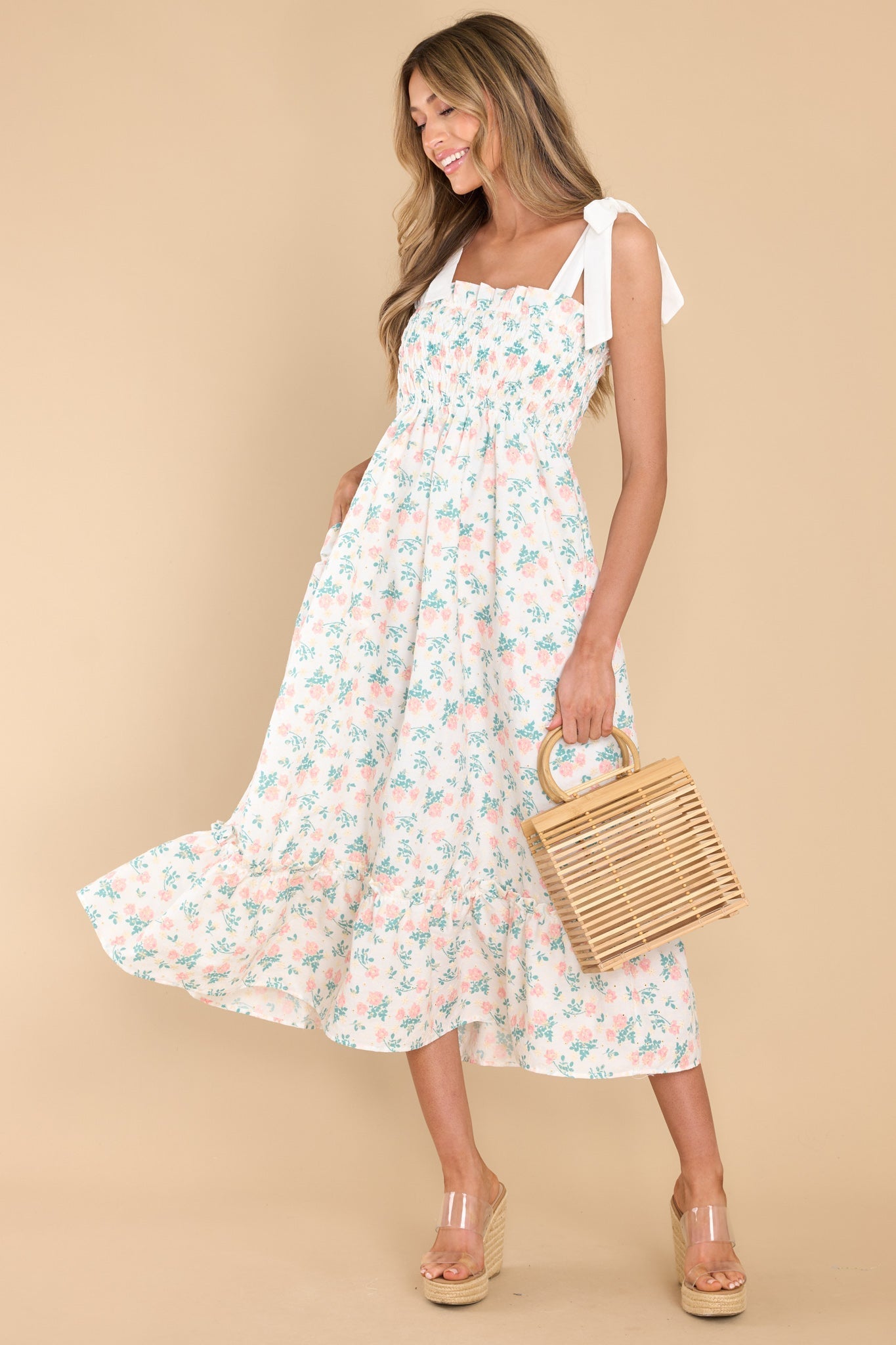 Camera Shy Peach Floral Print Cotton Midi Dress