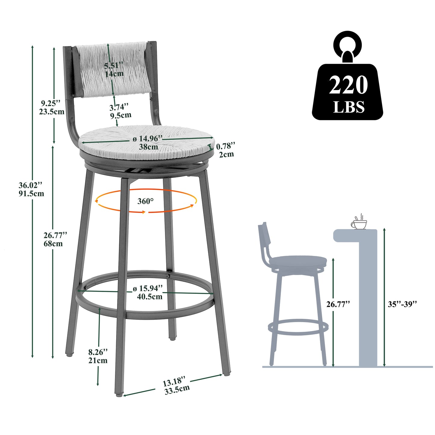 Hand Woven Rope Bar Stool with Swivel Seat and Footrest, Set of 2