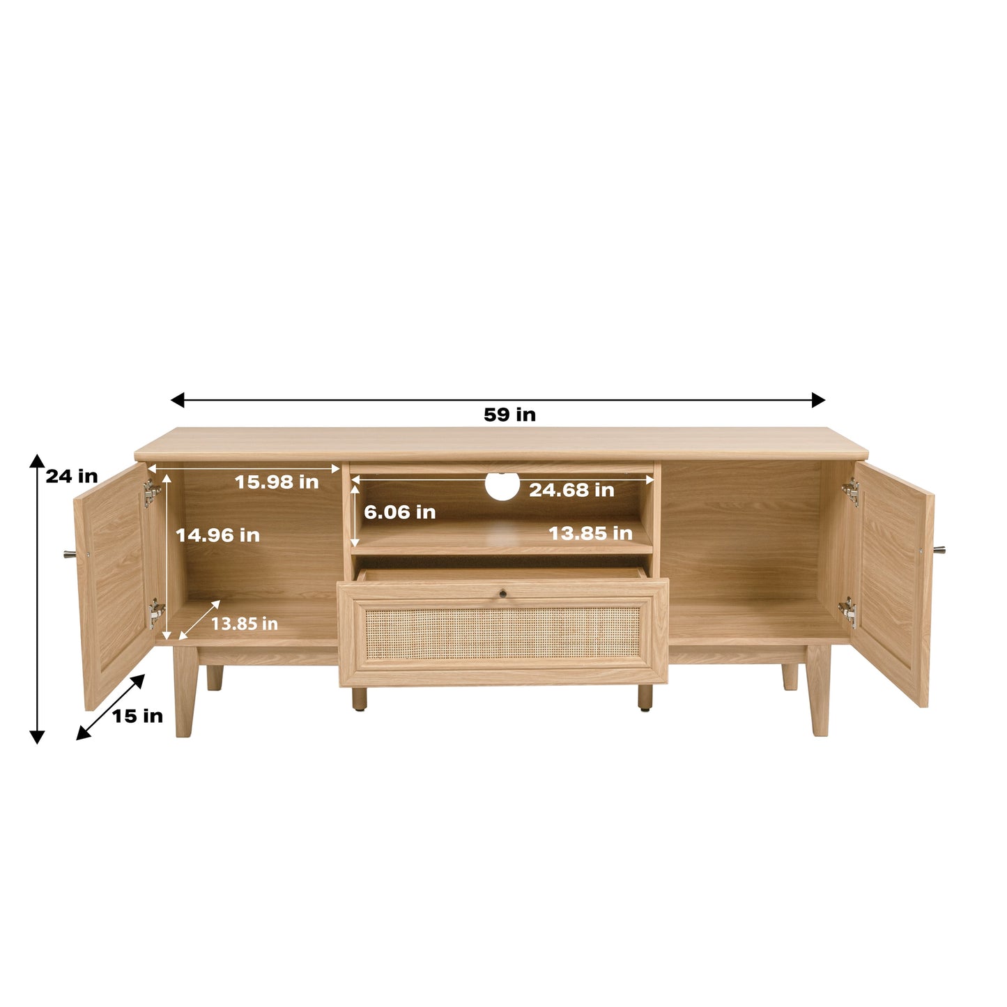 Caned TV Stand, Drawer, Storage Doors Fits TVs up to 65", Cable Management