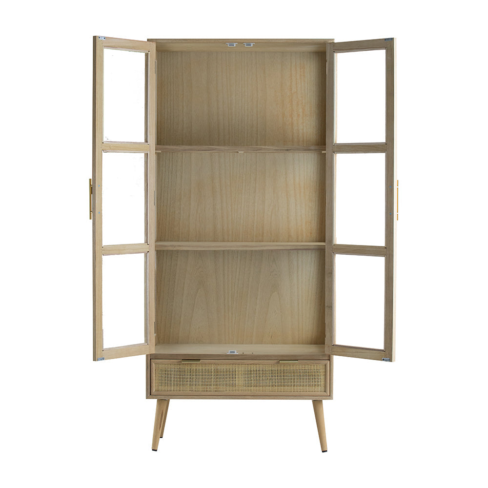 Tall Cabinet with 2 Glass Doors and Rattan Drawer