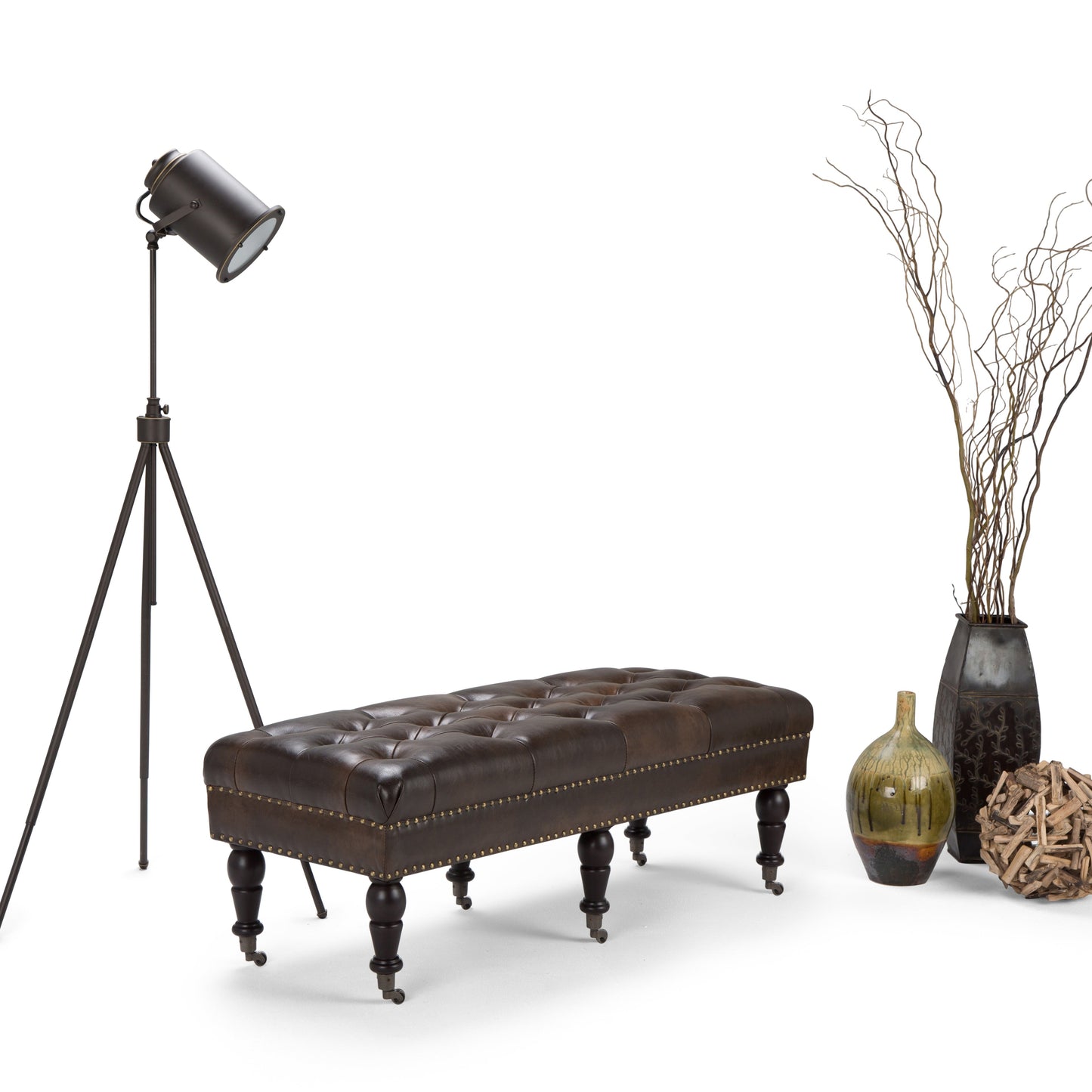 Fortune Upholstered Ottoman Bench with Tufted Top, Nailhead Trim and Carved Legs