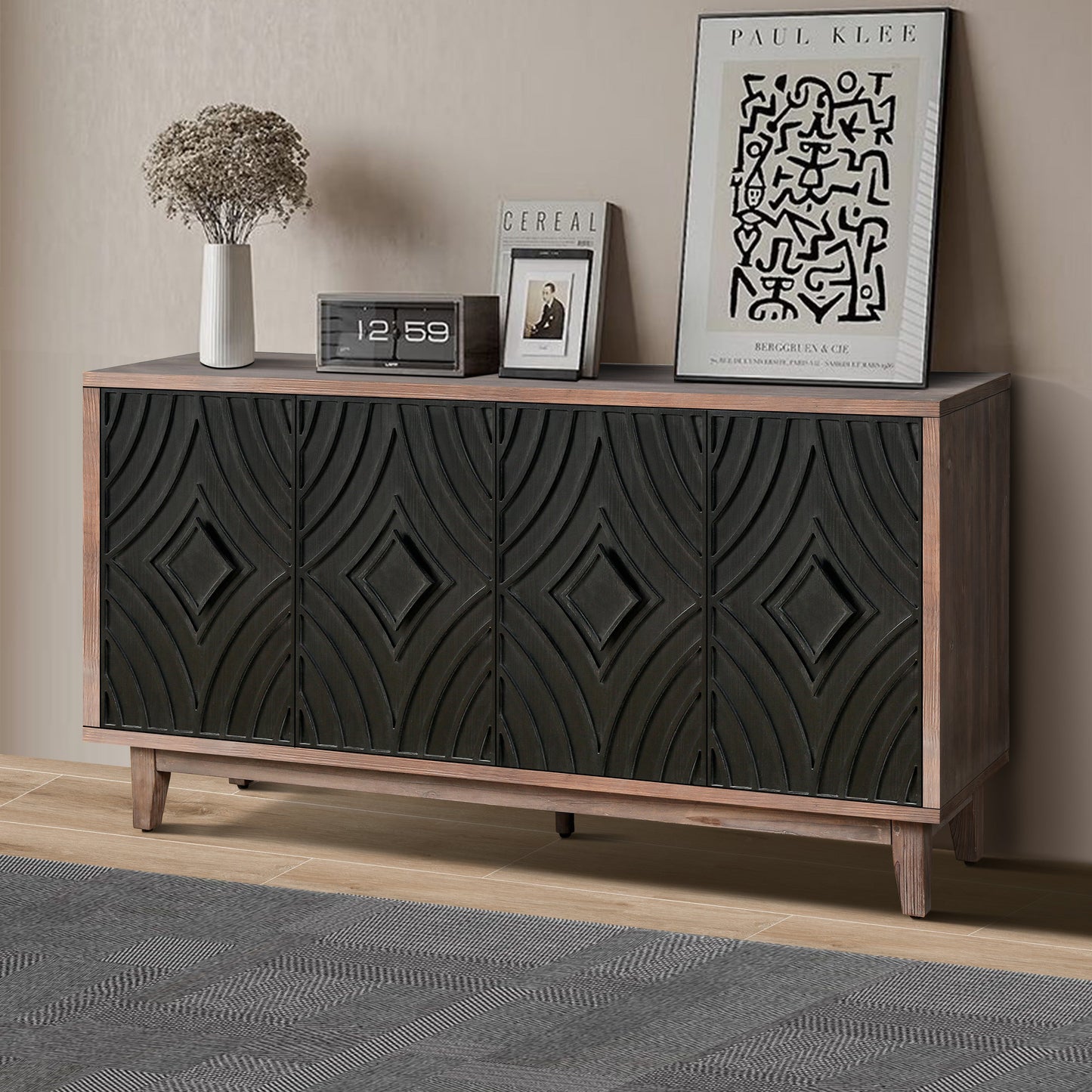 Storage Cabinet with 4 Convex Pattern Diamond Doors and Shelves