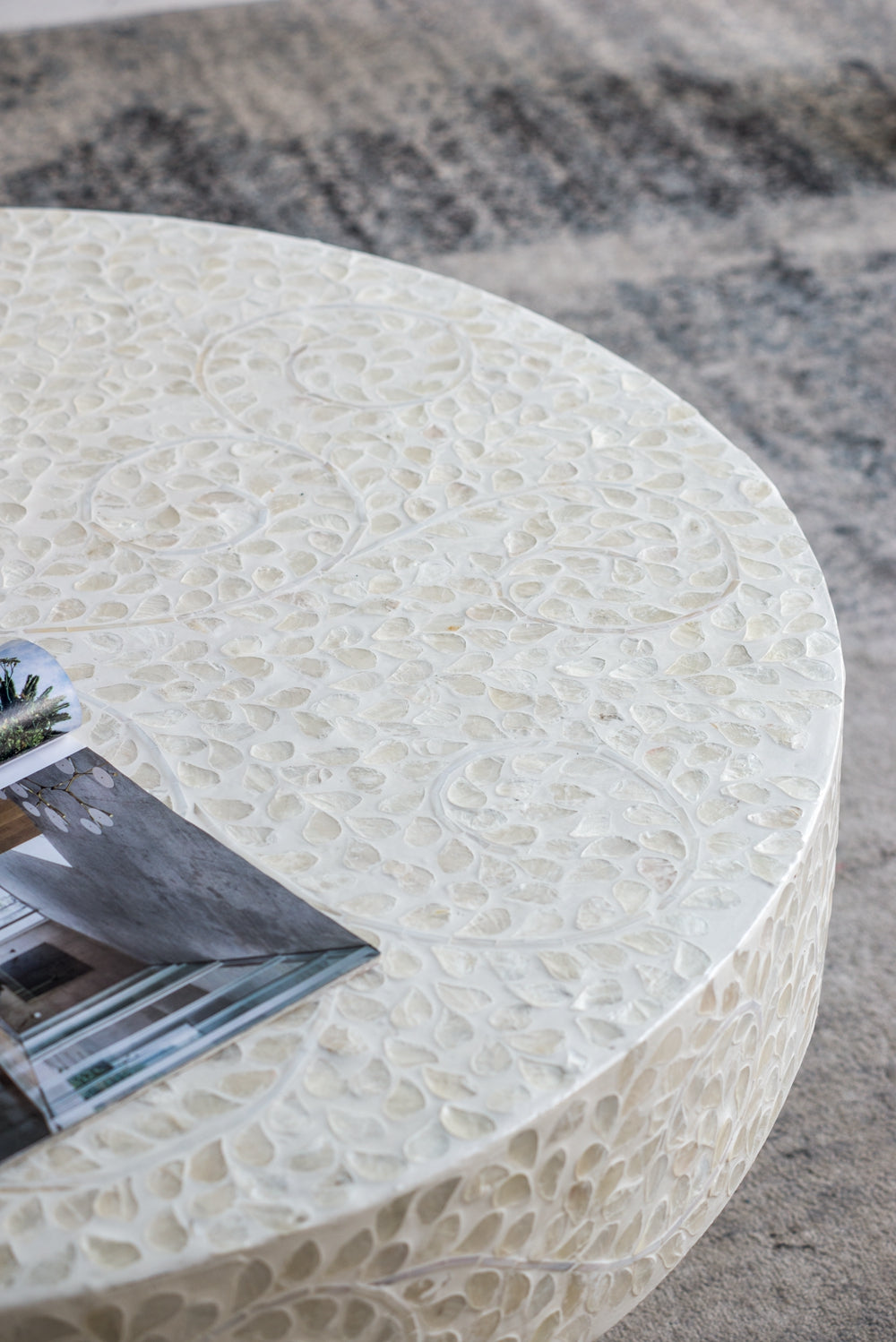 Alacrits Round Coffee Table with Capiz Design and Pedestal Base