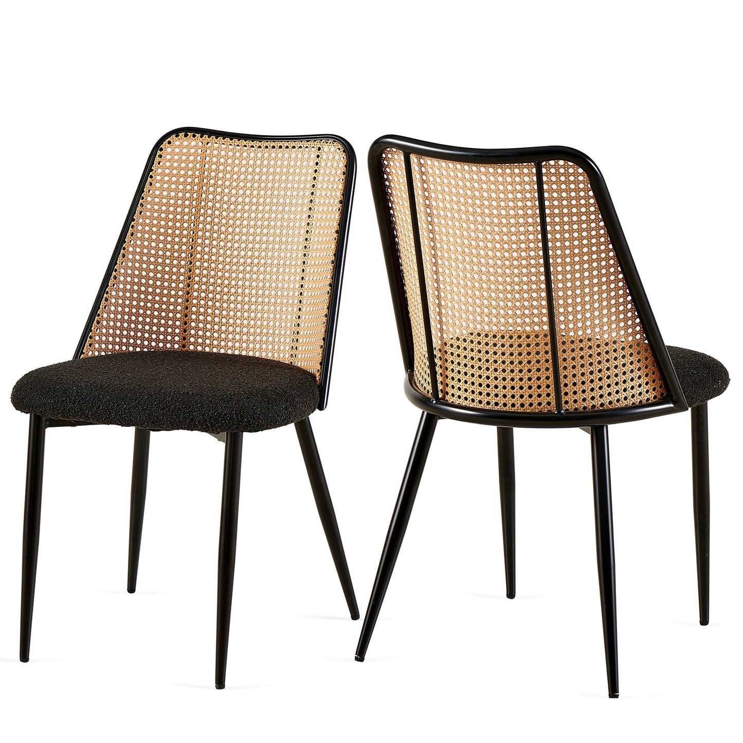 Upholstered Dining Chair with Natural Cane Back and Metal Legs, Set of 2