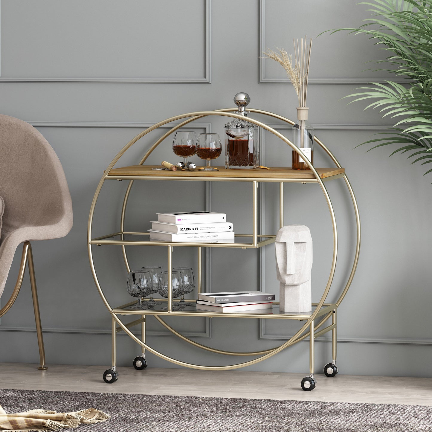 Round Shelf with Iron Frame and 3 Shelves