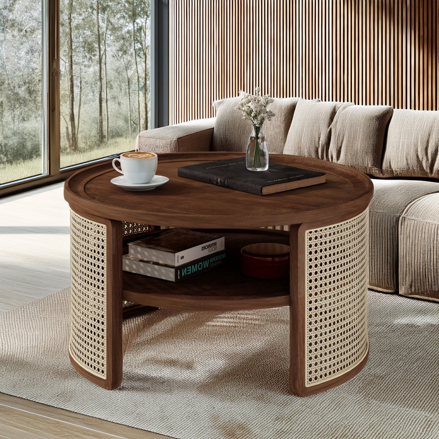 Wintered 2-Tiered Coffee Table with Rattan Base and Curved Edge Design