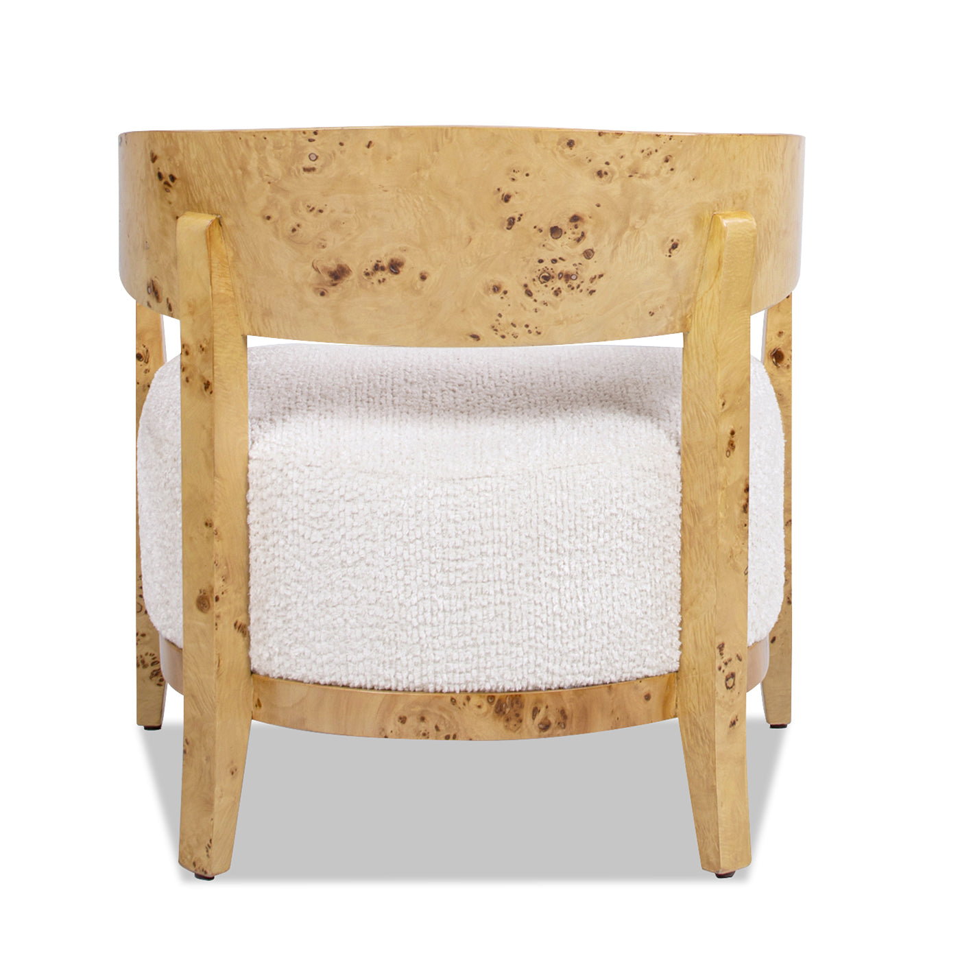 Upholstered Burled Wood Arm Chair with Wood Frame and Curved Back