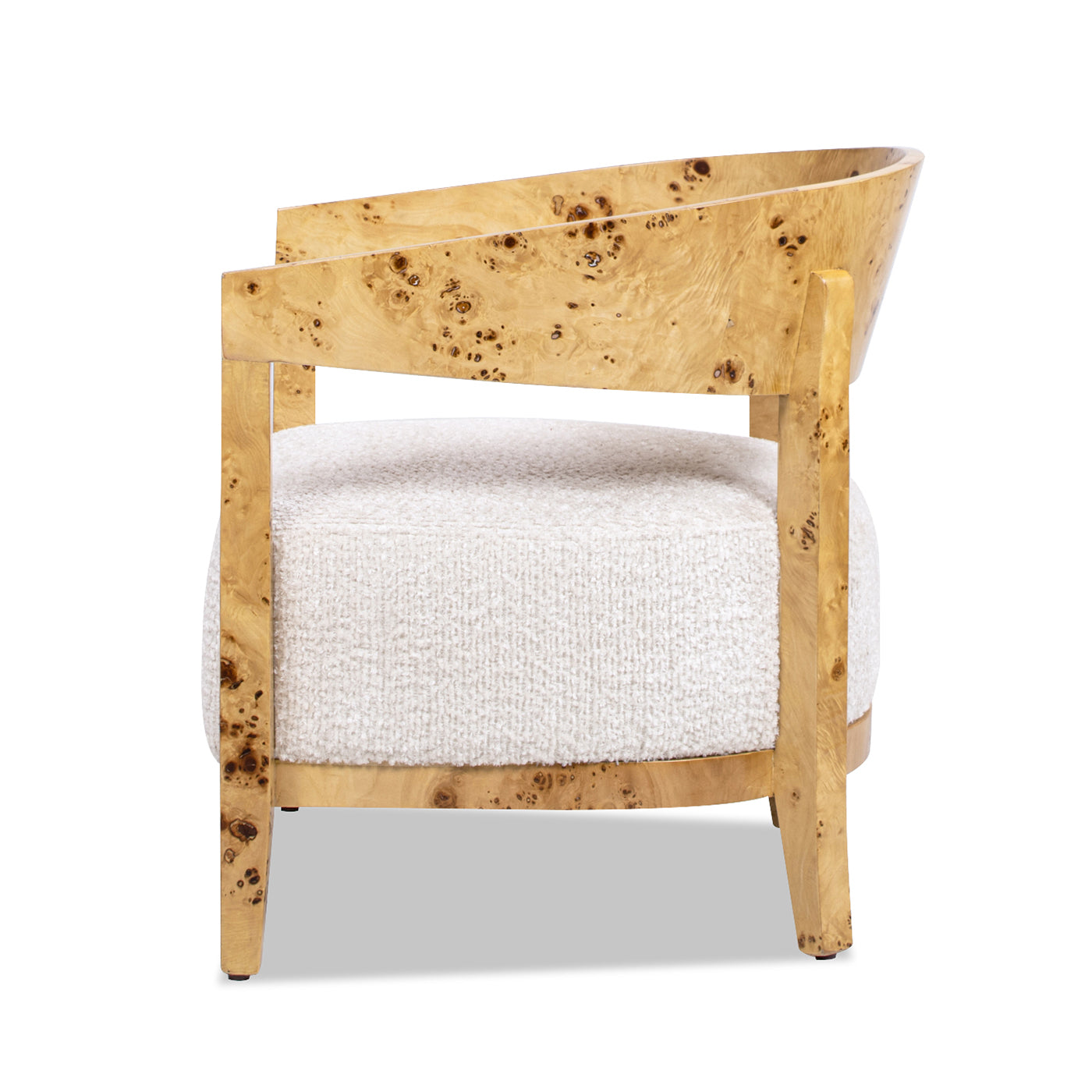 Upholstered Burled Wood Arm Chair with Wood Frame and Curved Back