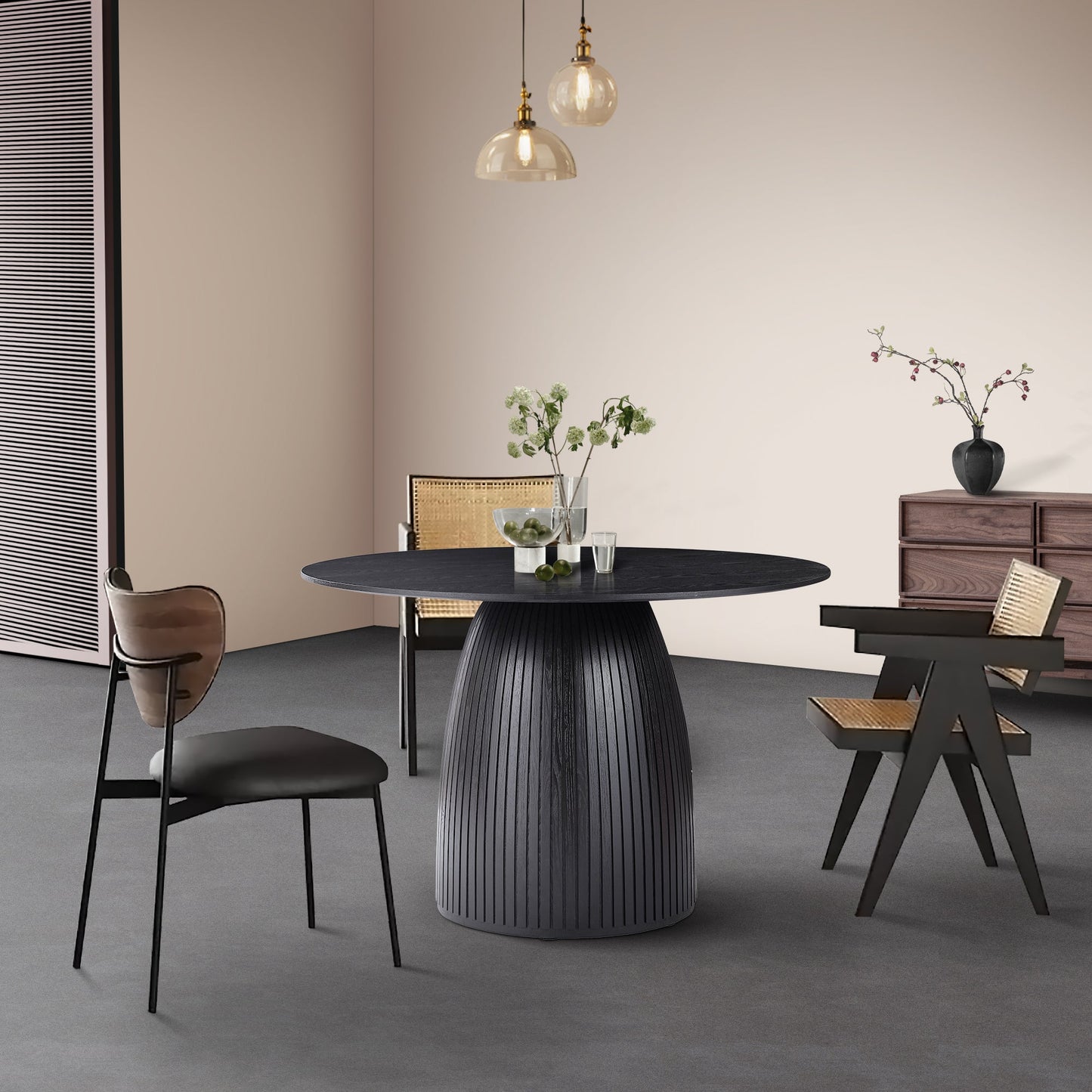 47.24" Round Dining Table with Wood Frame and Wave Pattern Base