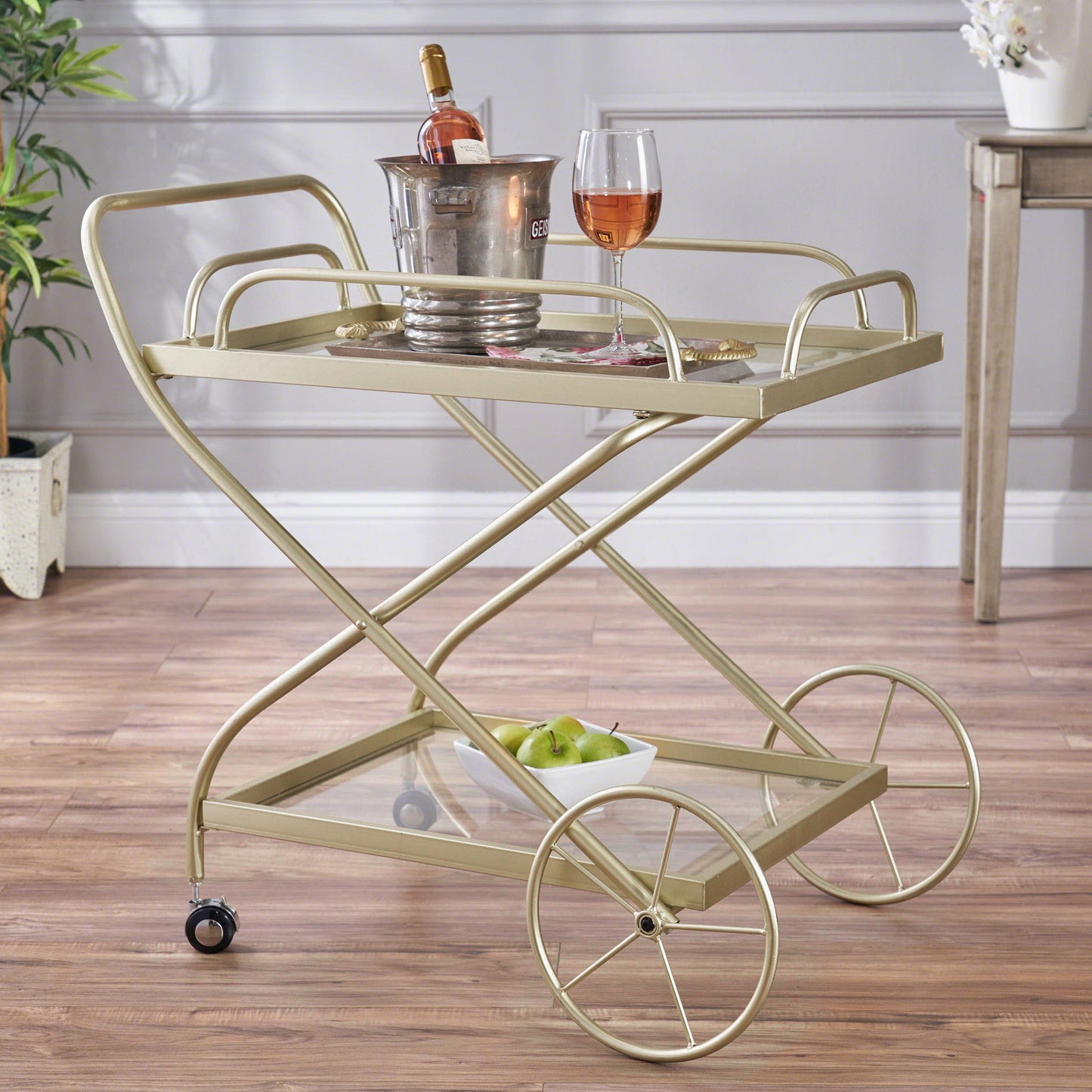 Allegro Outdoor Bar Cart with 2 Tempered Glass Shelves and Metal Frame