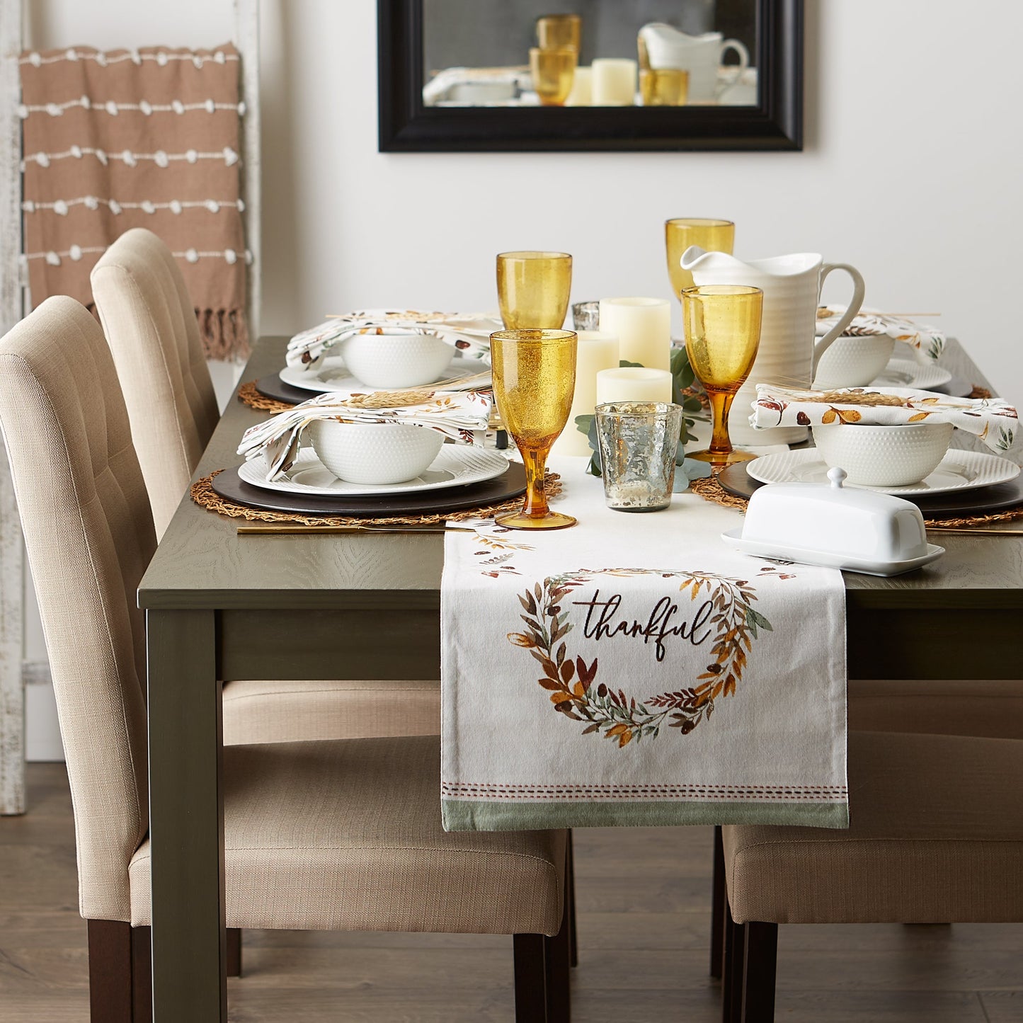 Thankful Autumn Wreath Reversible Embellished Table Runner 14X72