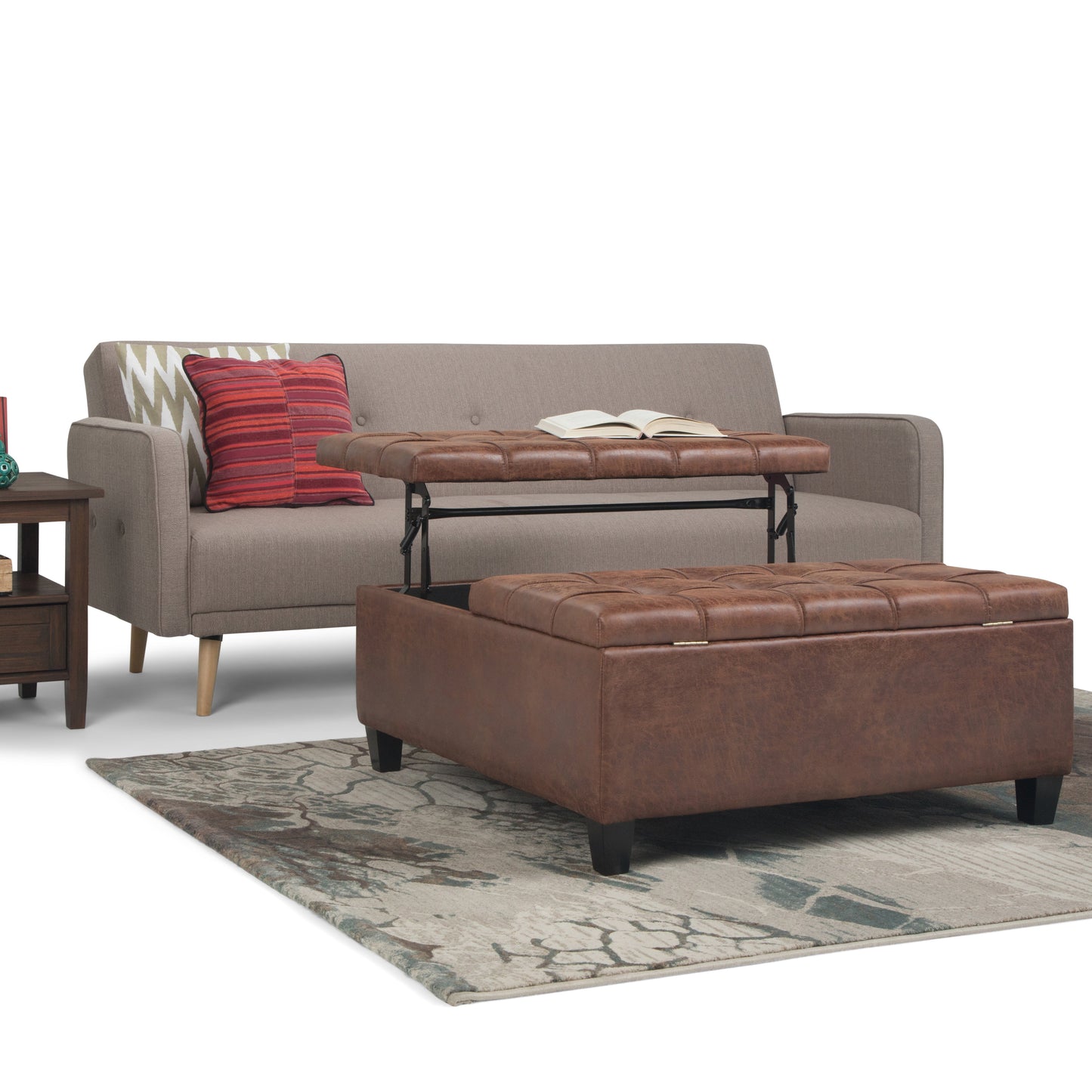 Flame Upholstered Lift Top Square Ottoman with Stitched Tufting