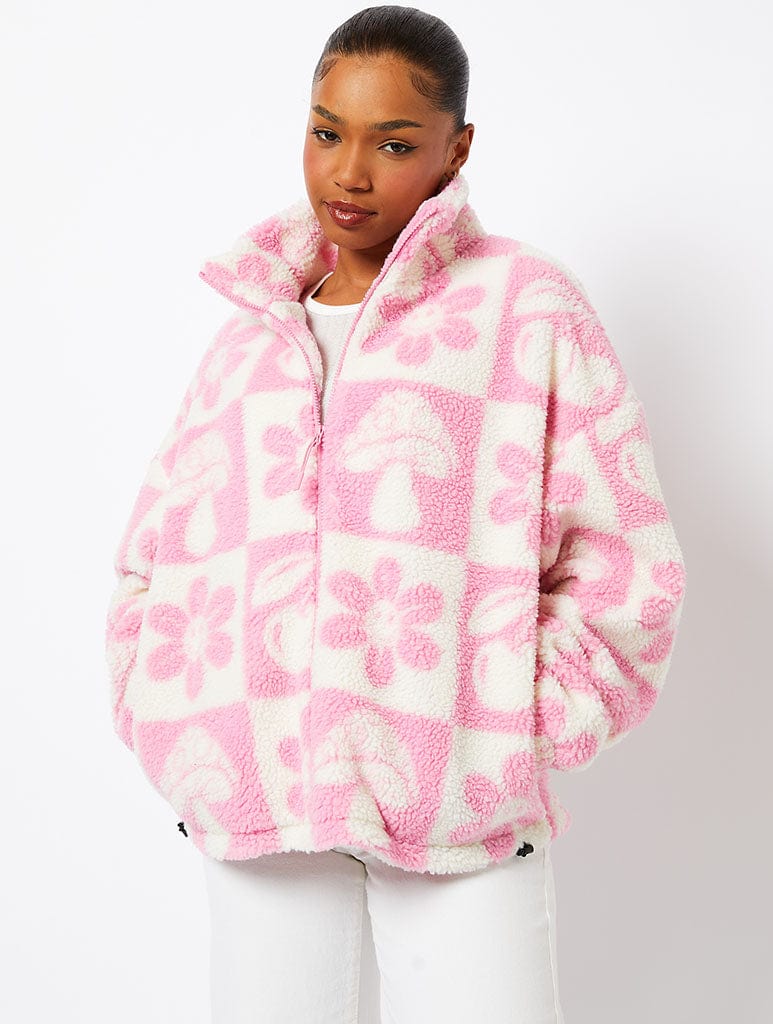 Checker Icon Borg Jacket in Pink