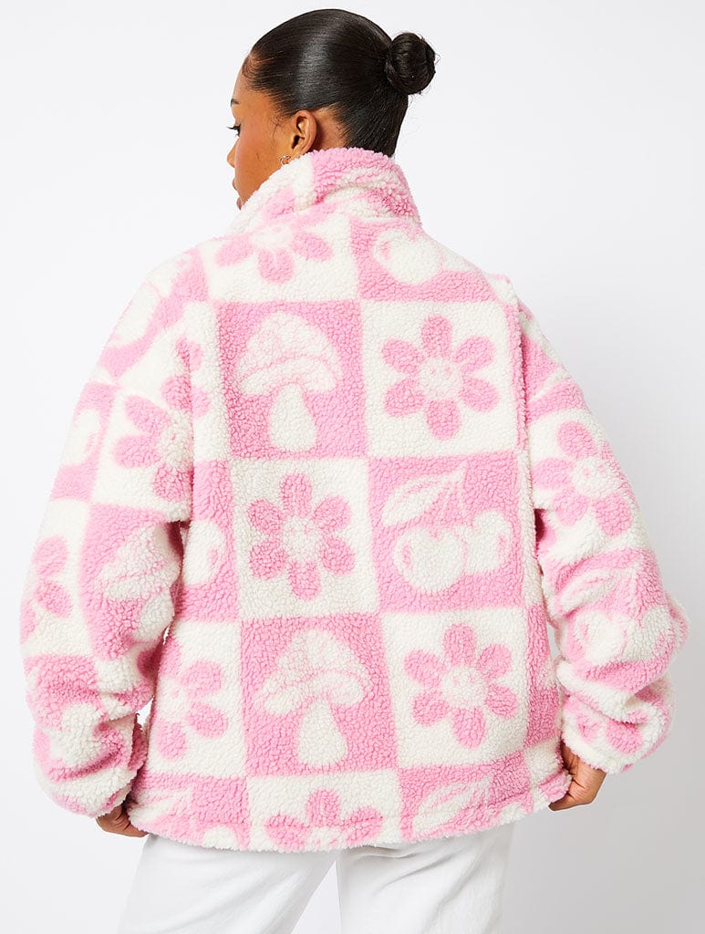 Checker Icon Borg Jacket in Pink