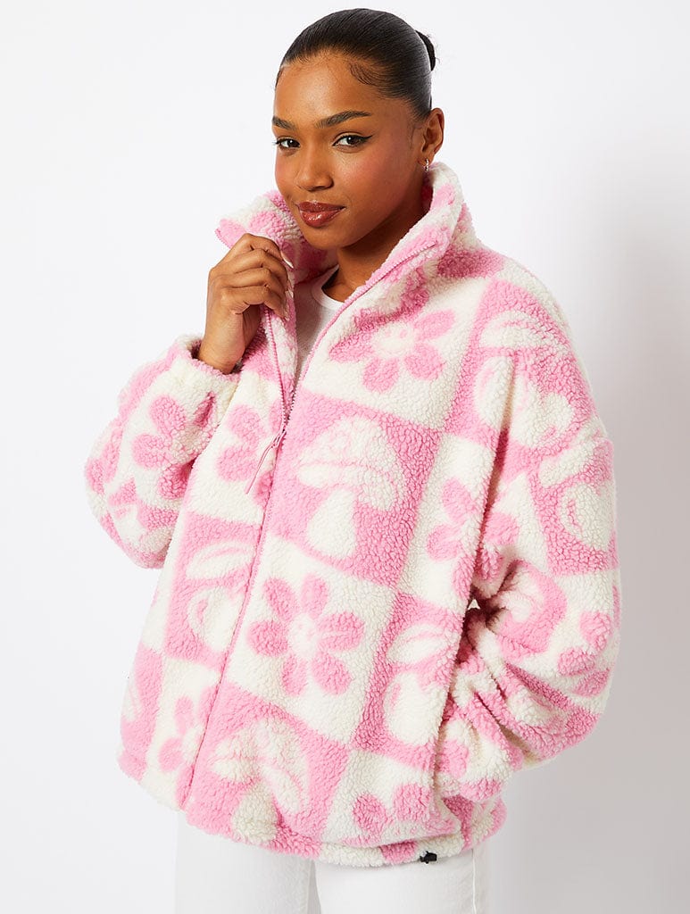 Checker Icon Borg Jacket in Pink