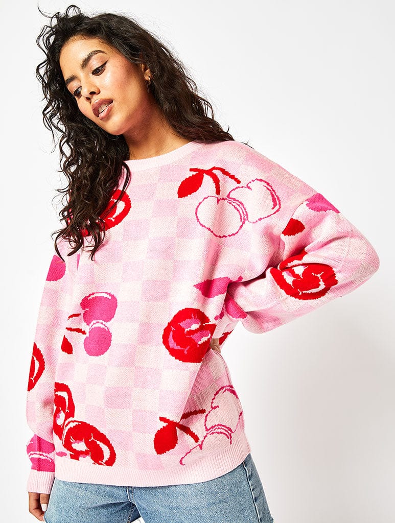 Cherry Checkerboard Knit Jumper in Pink