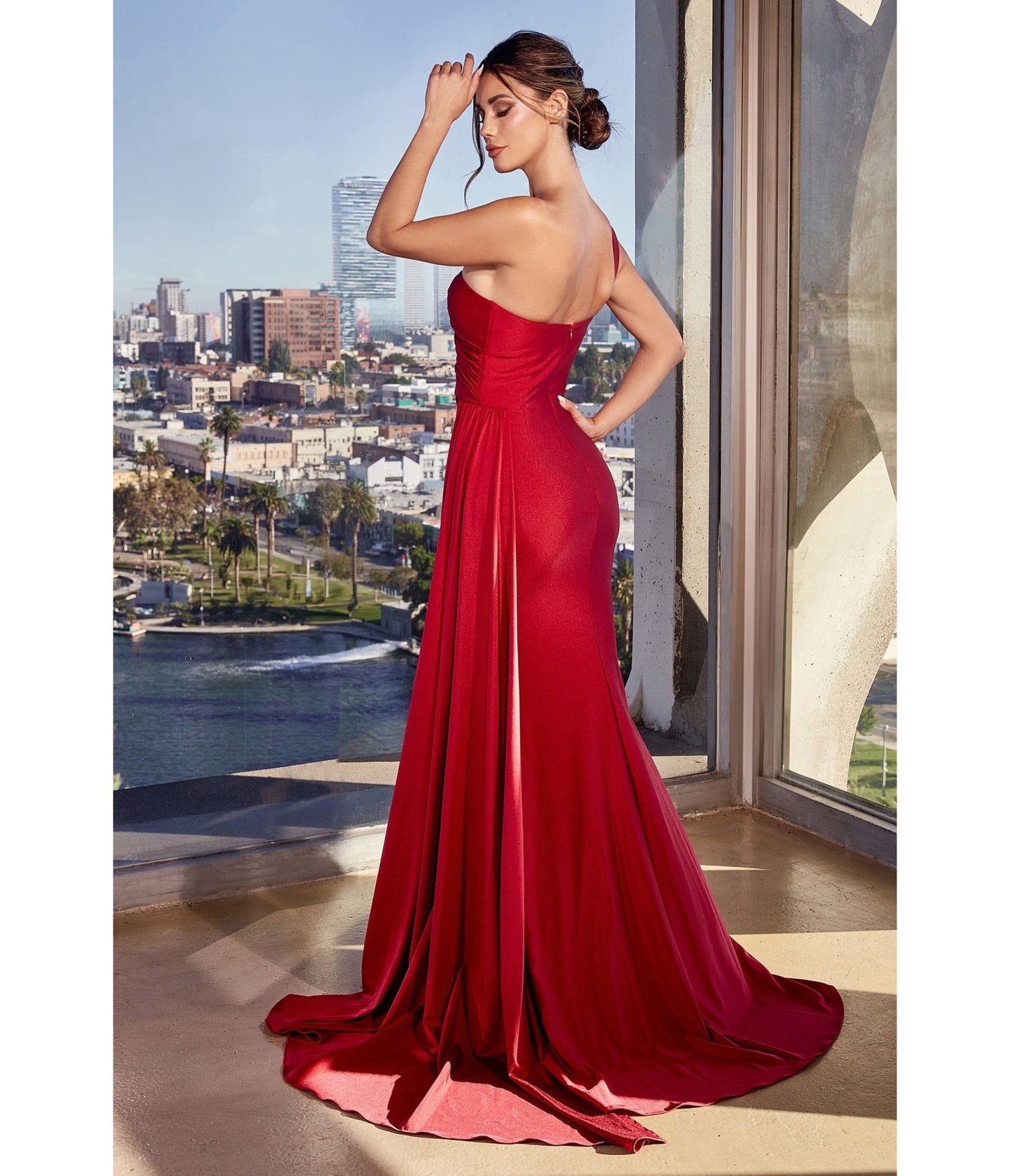 Cinderella Divine Burgundy Fitted One Shoulder Satin Bridesmaid Dress