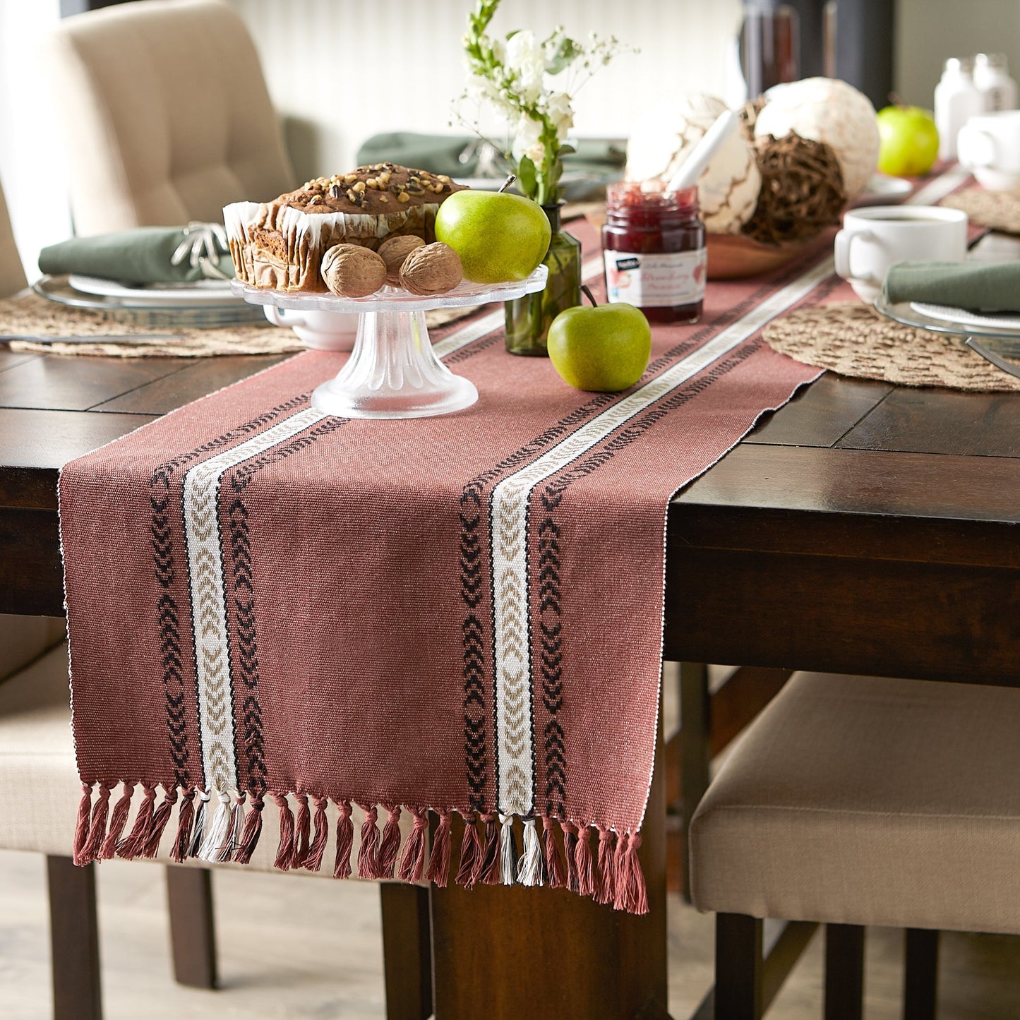Clay Dobby Striped Fringe Ribbed 72" Table Runner