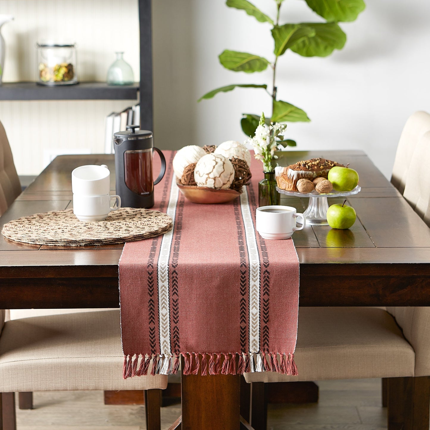 Clay Dobby Striped Fringe Ribbed 72" Table Runner