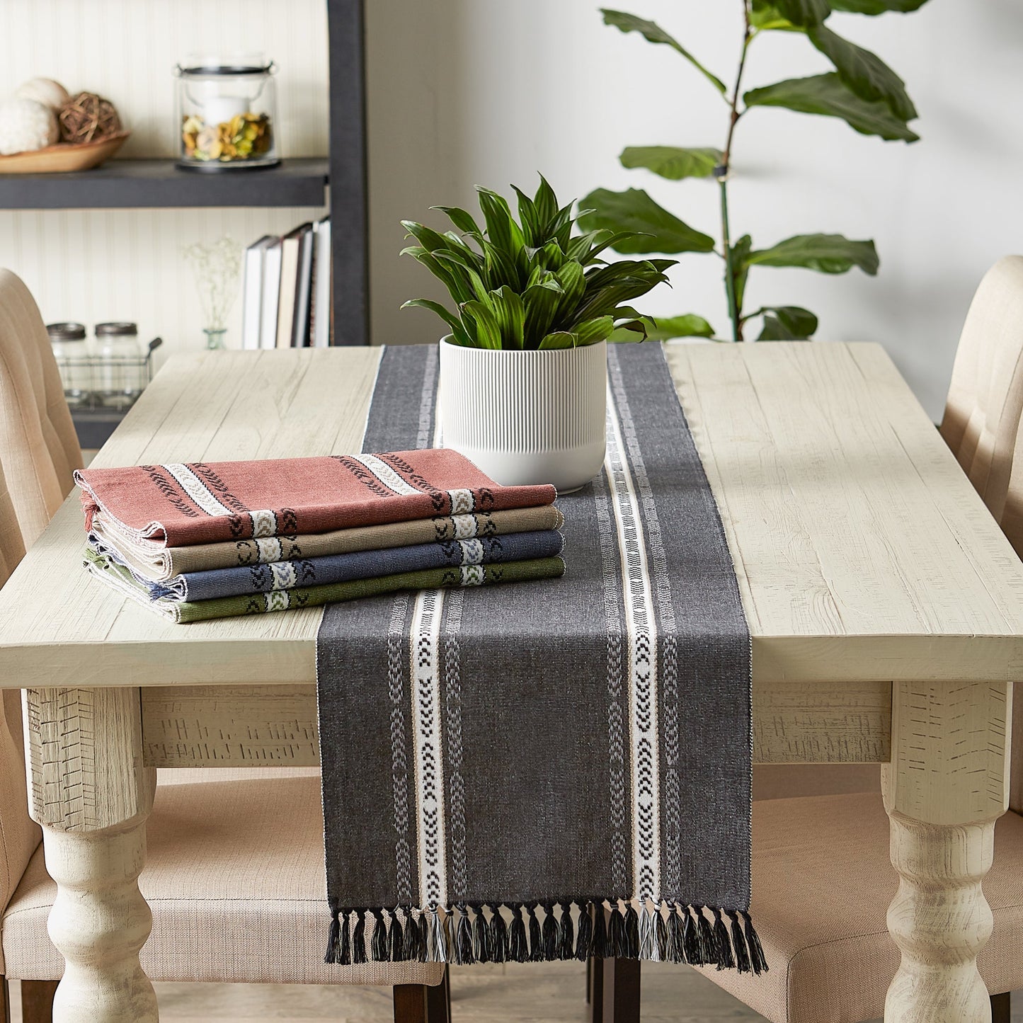 Clay Dobby Striped Fringe Ribbed 72" Table Runner