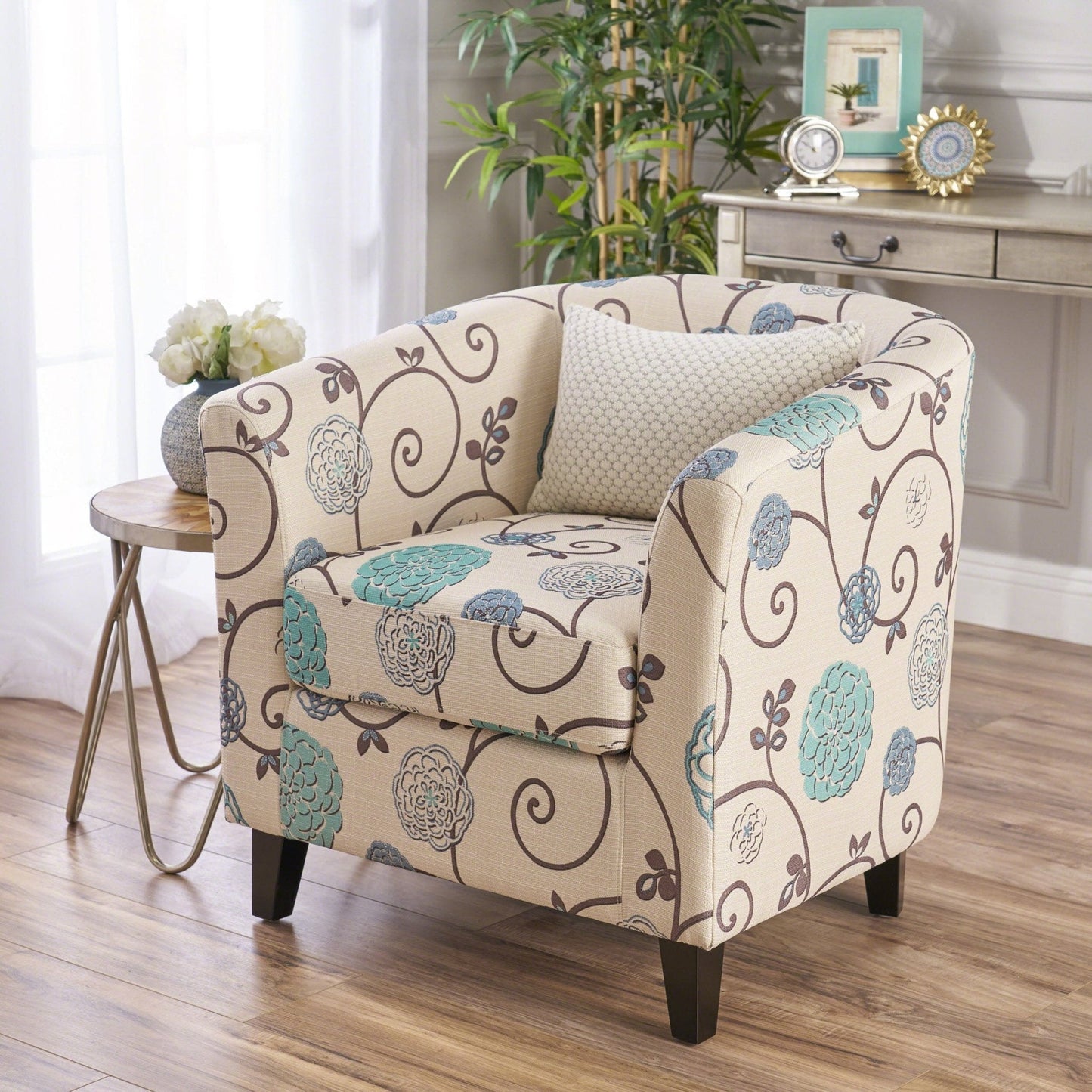 Club Chair with Floral Pattern and Solid Wood Legs