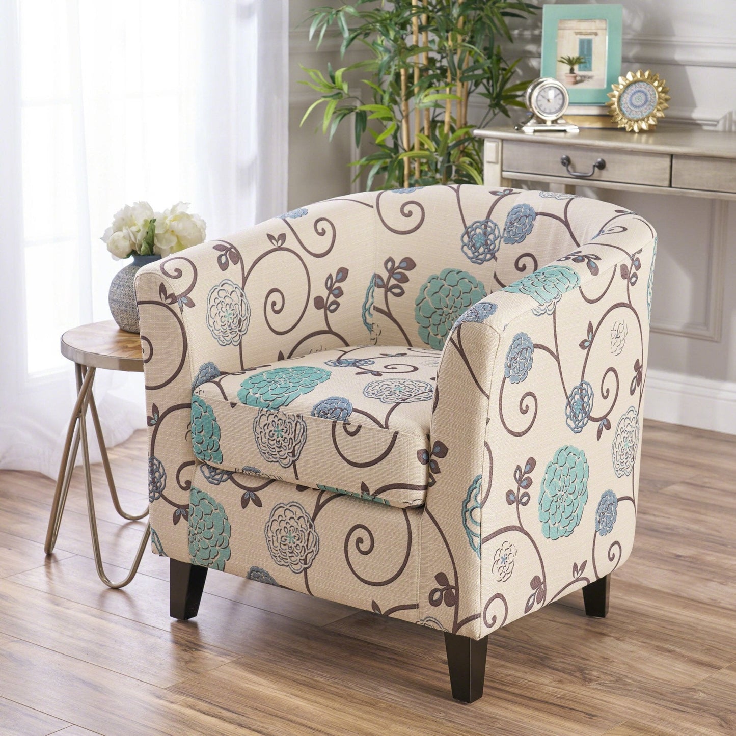 Club Chair with Floral Pattern and Solid Wood Legs