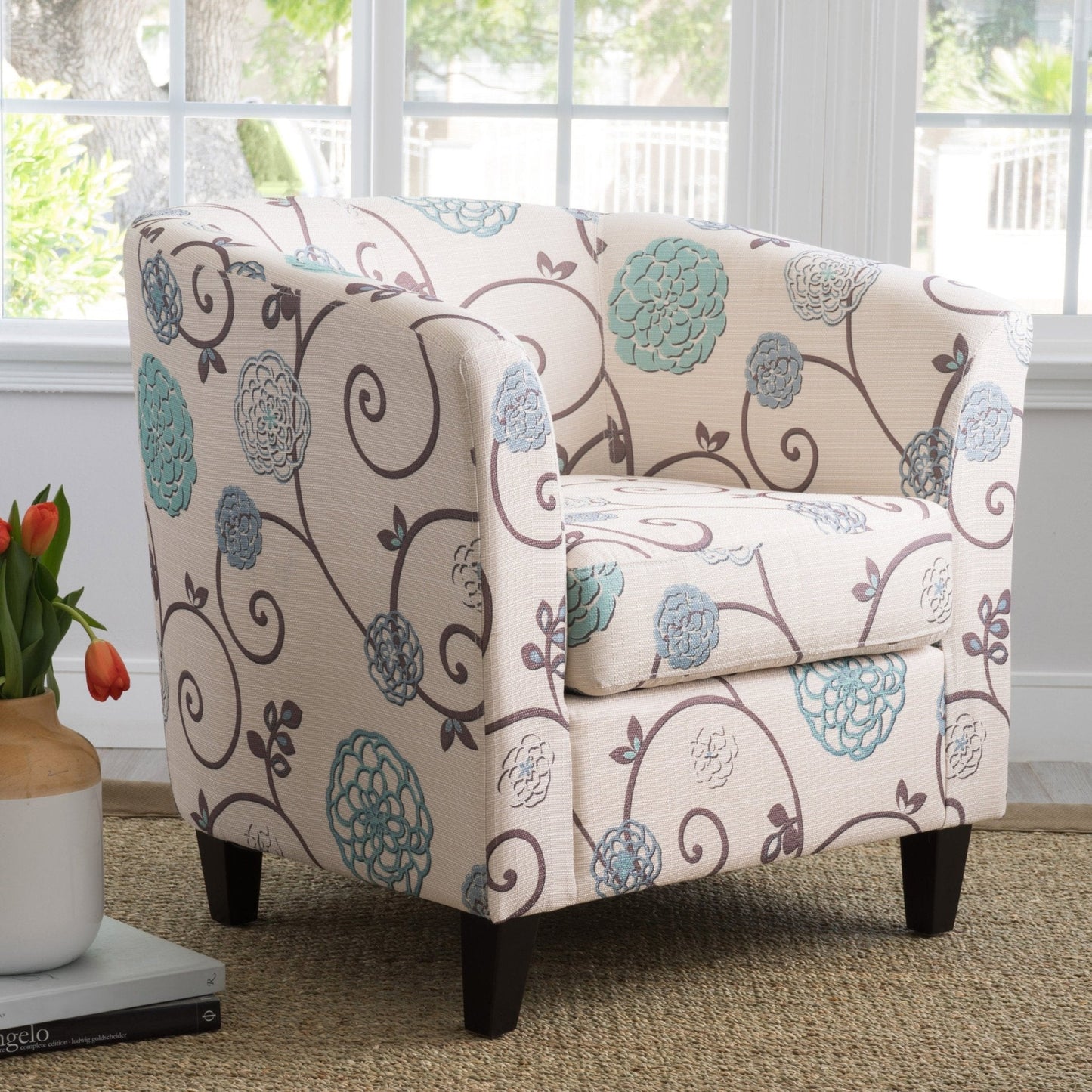 Club Chair with Floral Pattern and Solid Wood Legs