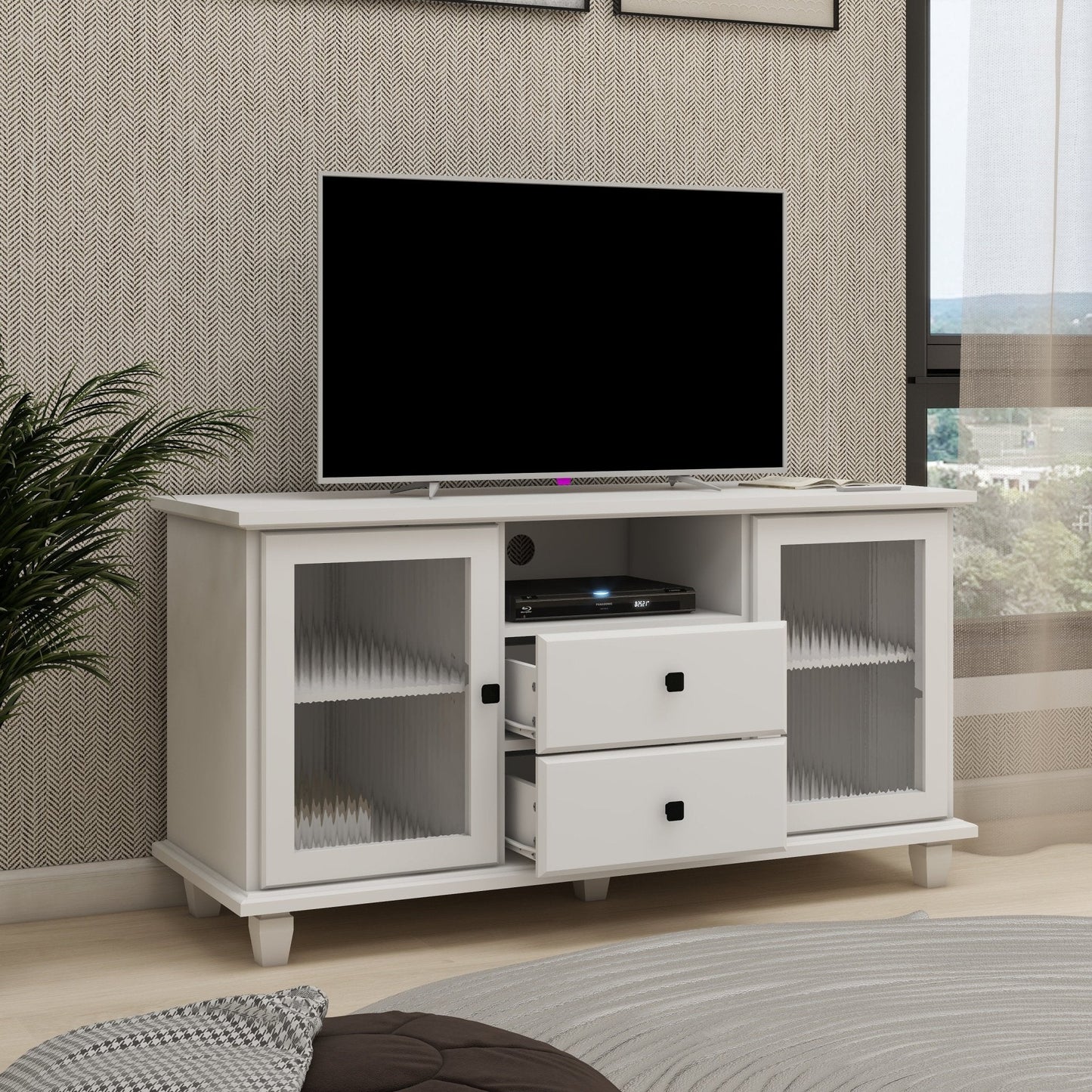 Cobble TV Stand with 2 Glass Door Storages, Open Shelf and 2 Drawers