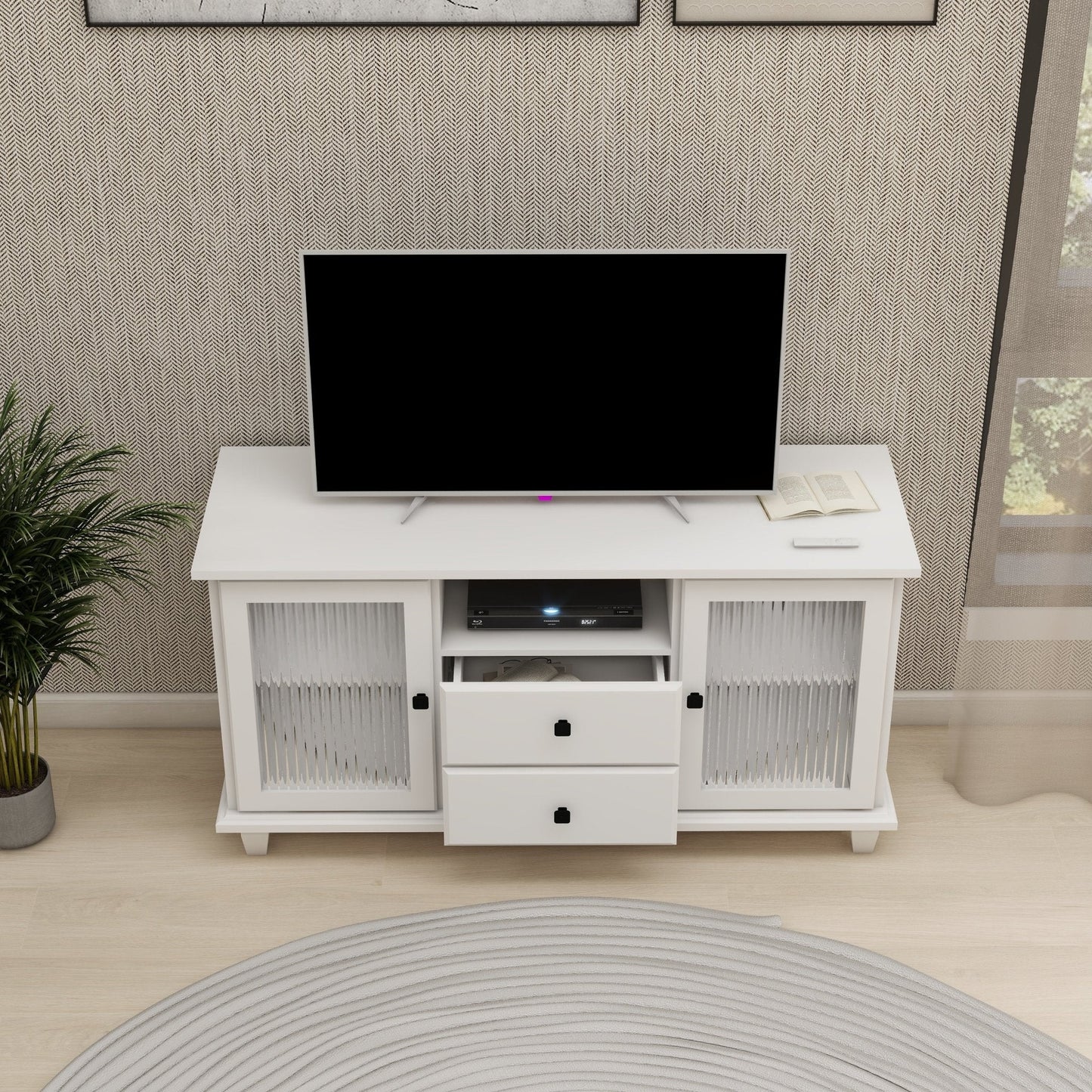 Cobble TV Stand with 2 Glass Door Storages, Open Shelf and 2 Drawers