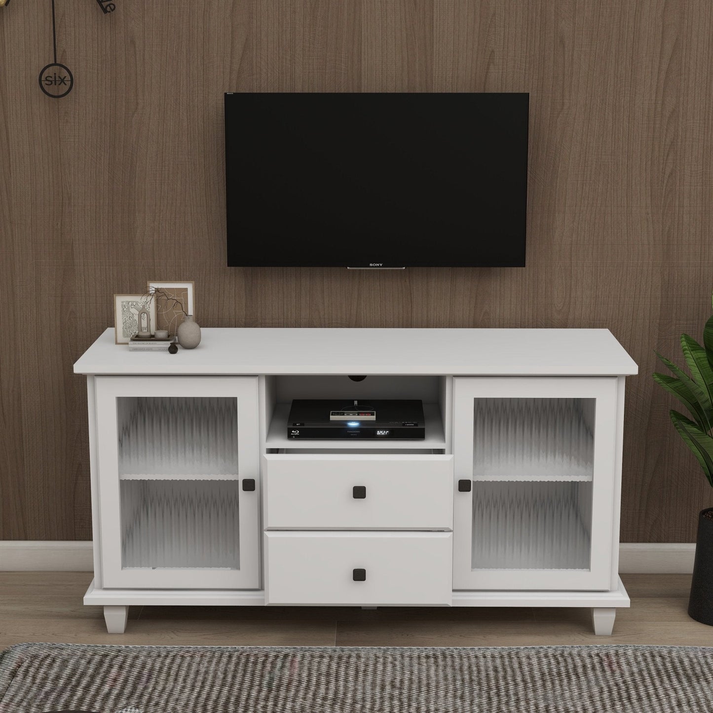 Cobble TV Stand with 2 Glass Door Storages, Open Shelf and 2 Drawers
