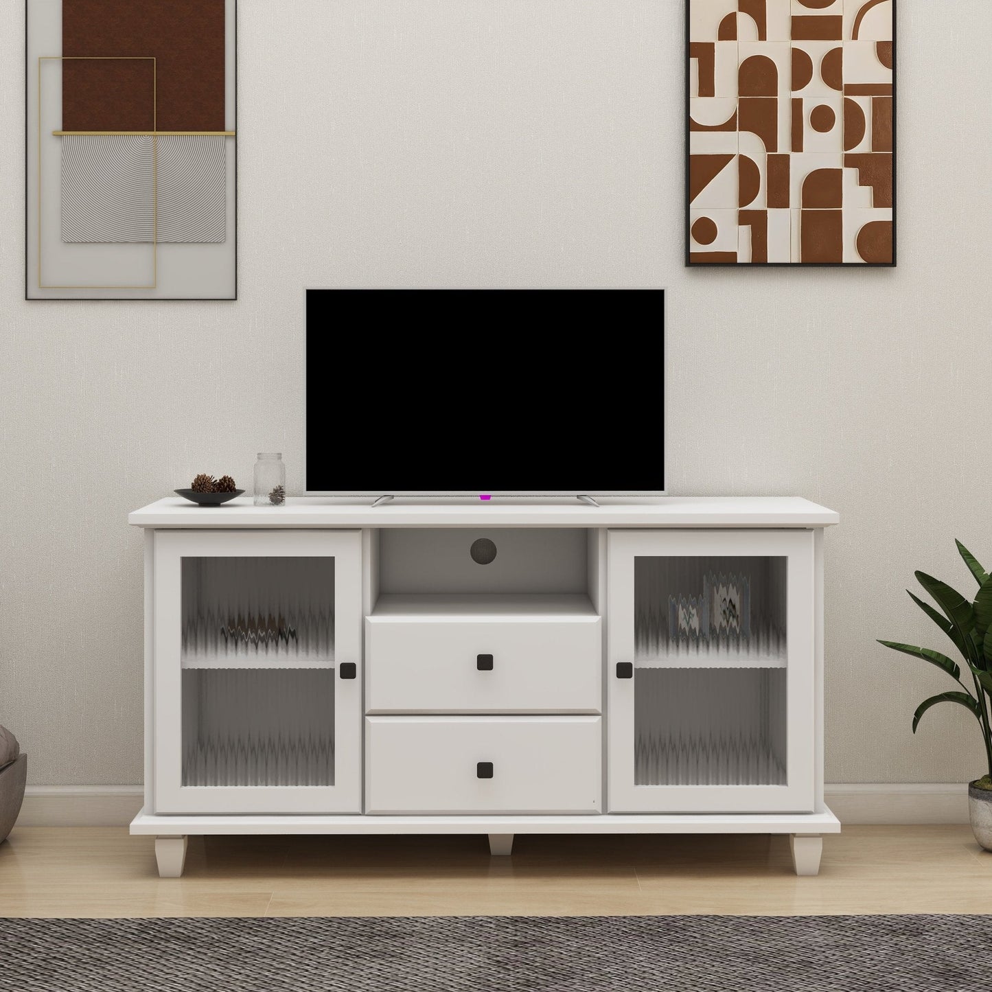 Cobble TV Stand with 2 Glass Door Storages, Open Shelf and 2 Drawers