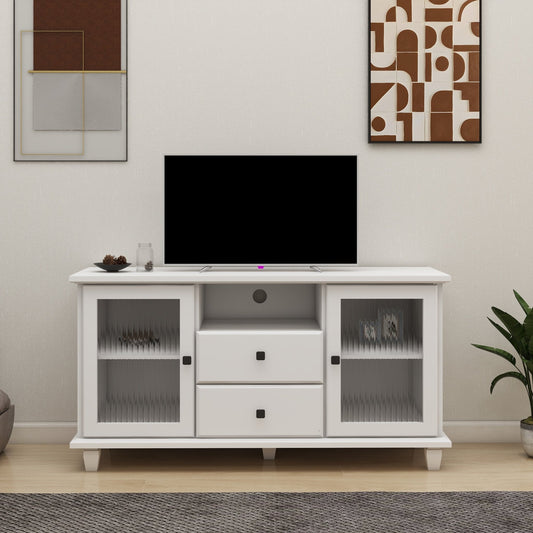 Cobble TV Stand with 2 Glass Door Storages, Open Shelf and 2 Drawers